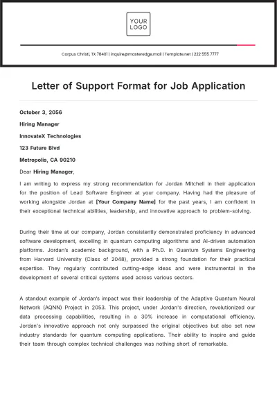 Free Letter of Support Format for Job Application Template to Edit Online