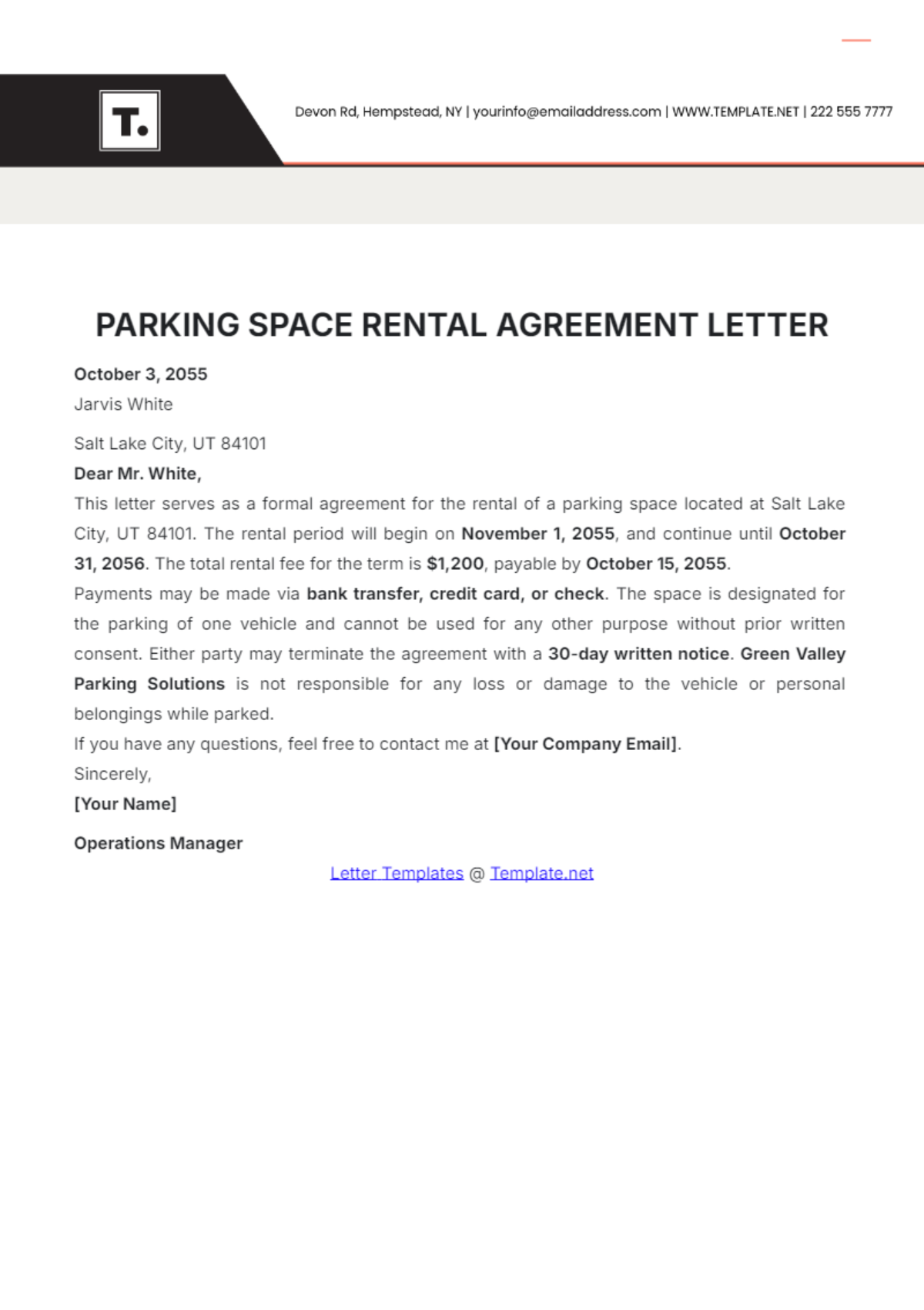 Parking Space Rental Agreement Letter Template - Edit Online & Download