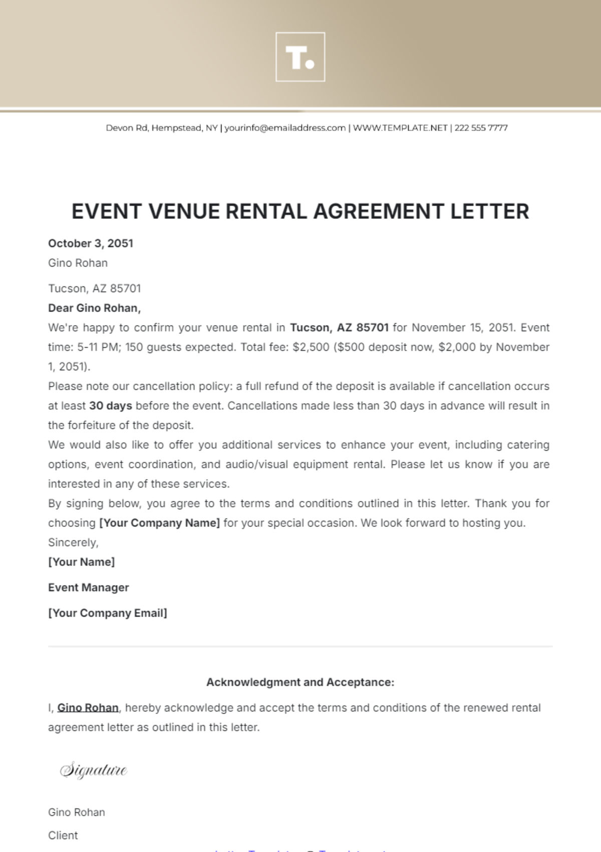 Event Venue Rental Agreement Letter Template - Edit Online & Download