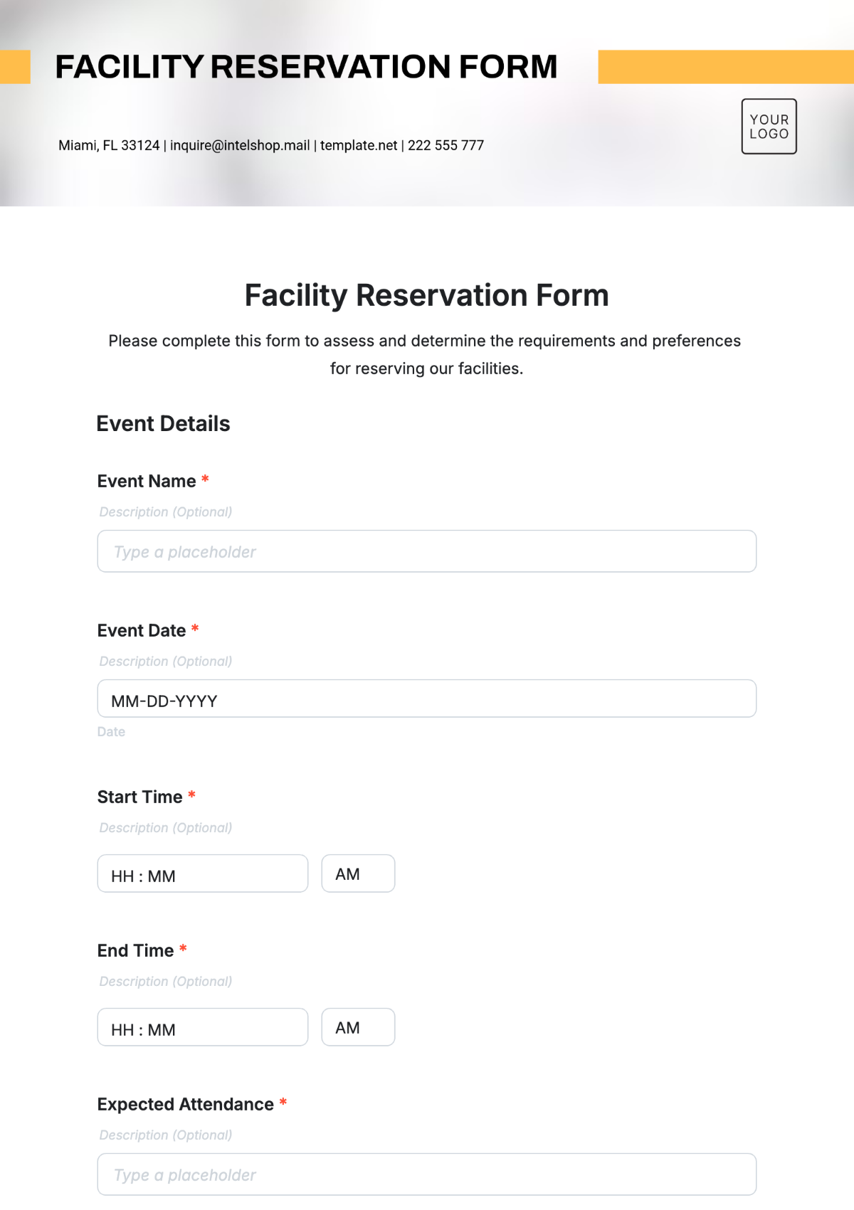 Facility Reservation Form Template - Edit Online & Download