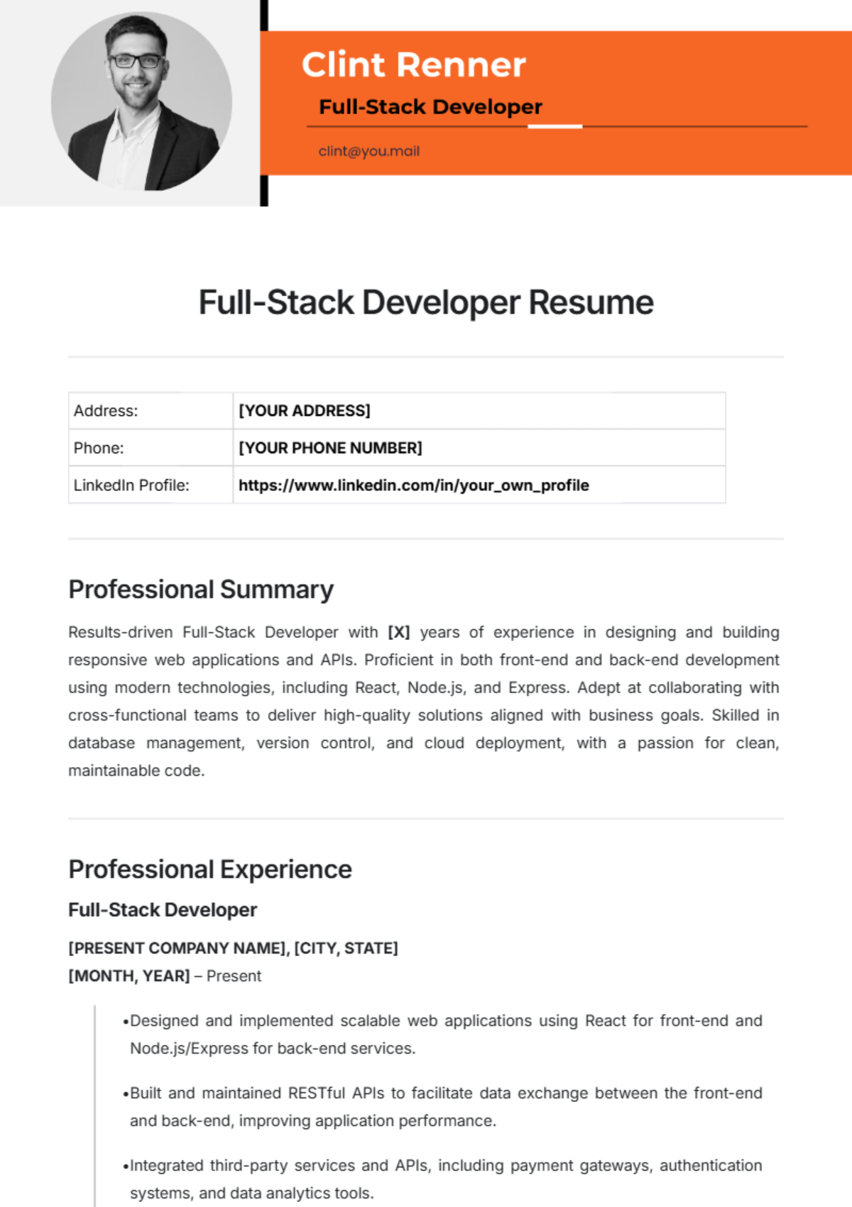 Full-Stack Developer Resume Template - Edit Online & Download