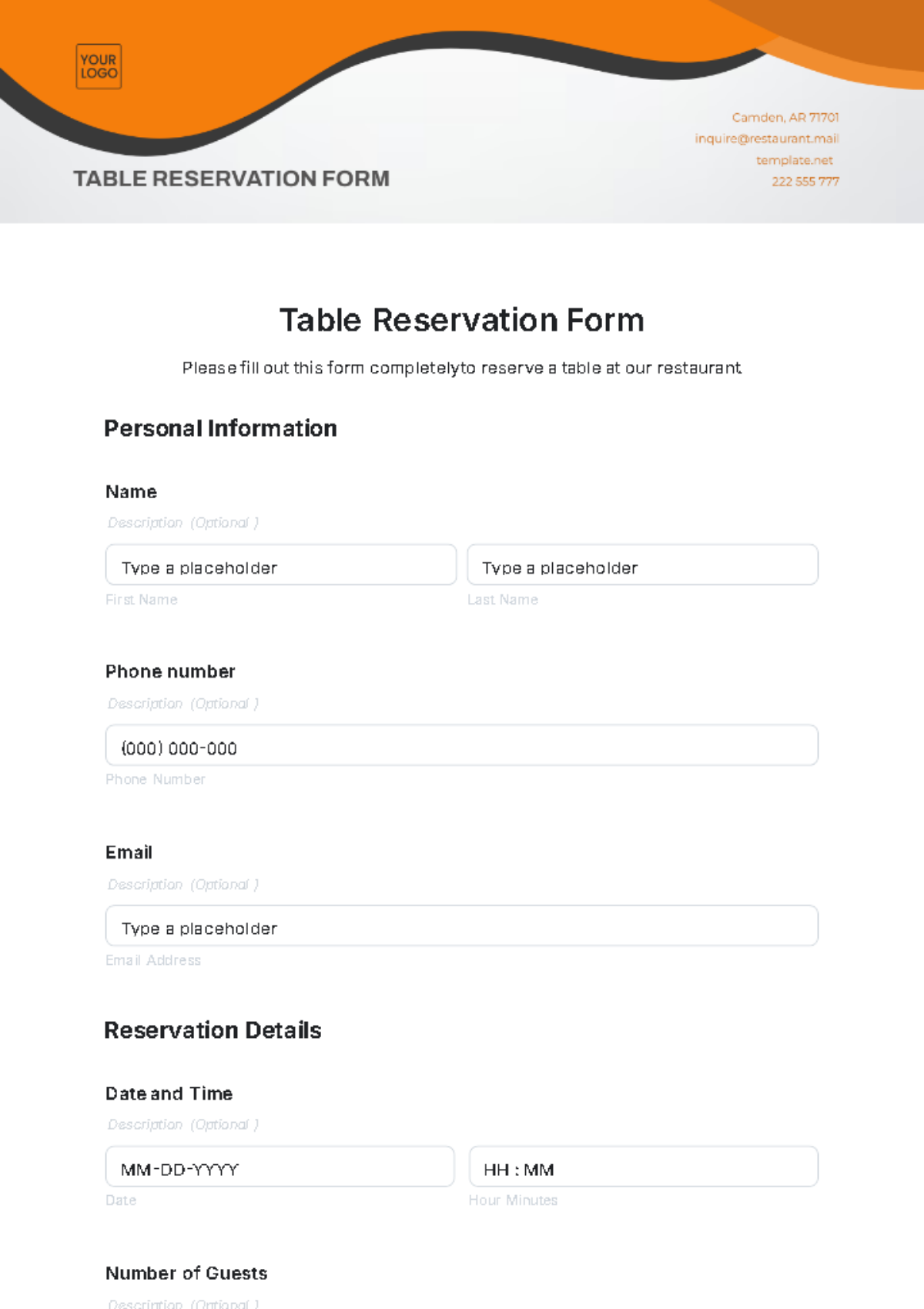 Table Reservation Form Template - Edit Online & Download