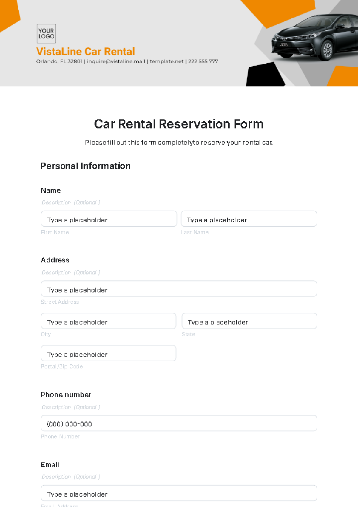 Car Rental Reservation Form Template - Edit Online & Download