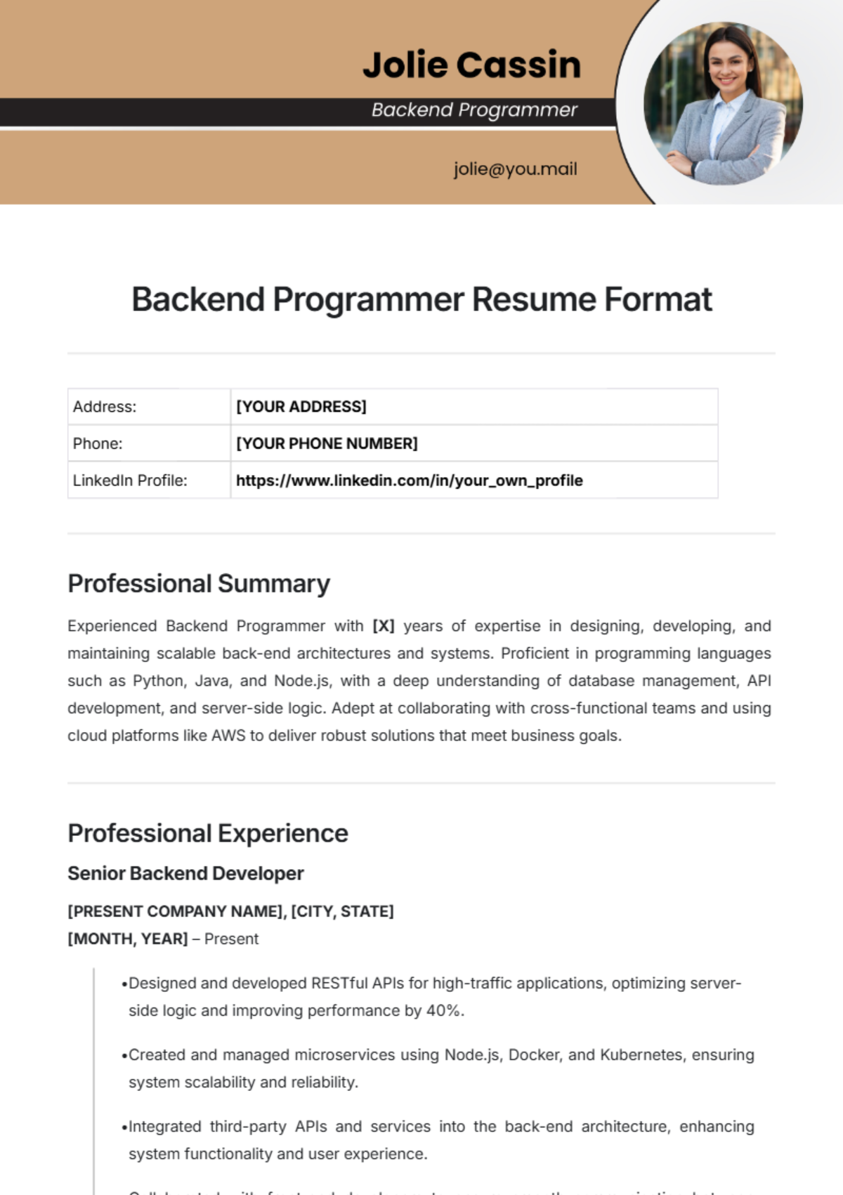 Backend Programmer Resume Format Template - Edit Online & Download