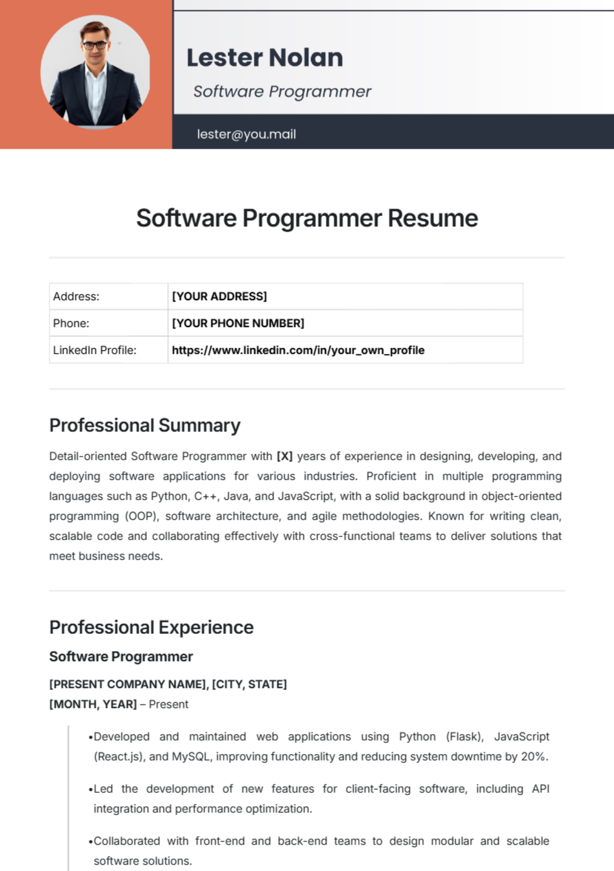 Software Programmer Resume Template - Edit Online & Download