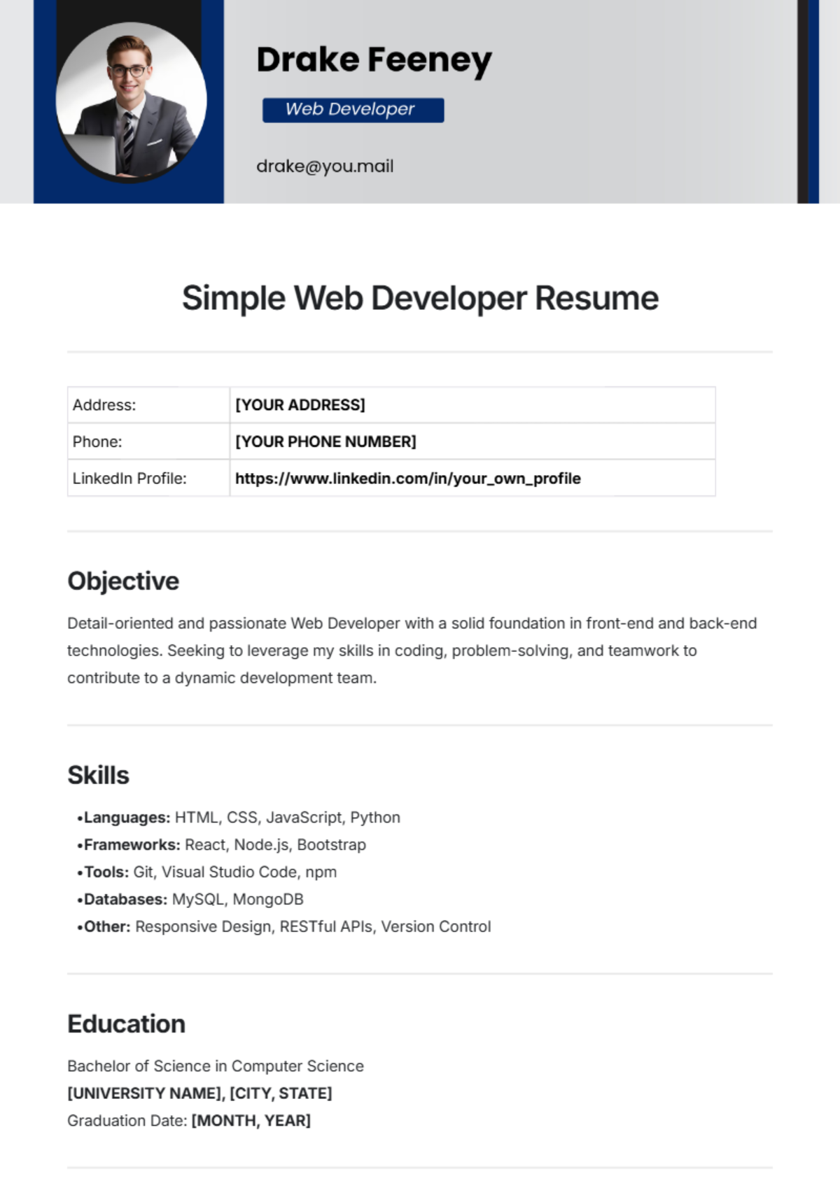 Simple Web Developer Resume Template - Edit Online & Download