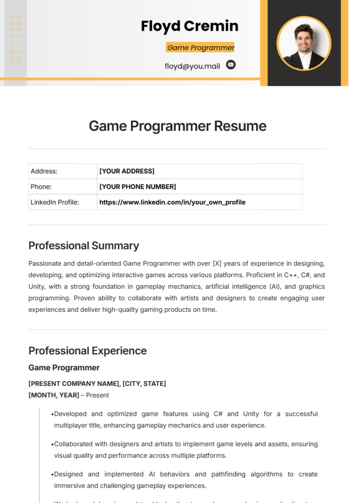 Game Programmer Resume Template - Edit Online & Download