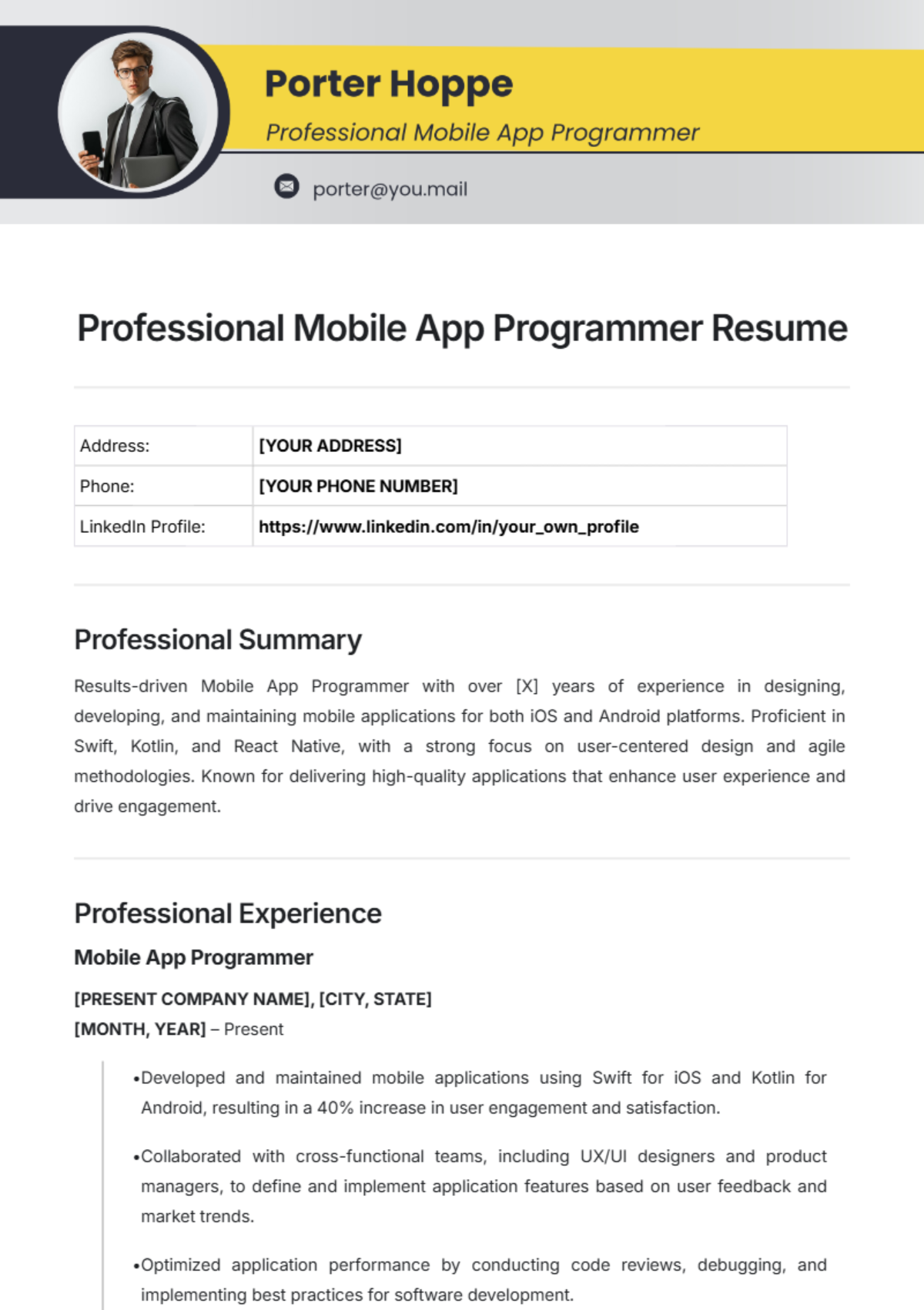 Professional Mobile App Programmer Resume Template - Edit Online & Download