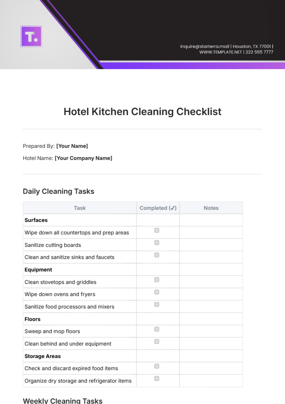 Free Hotel Kitchen Cleaning Checklist Template