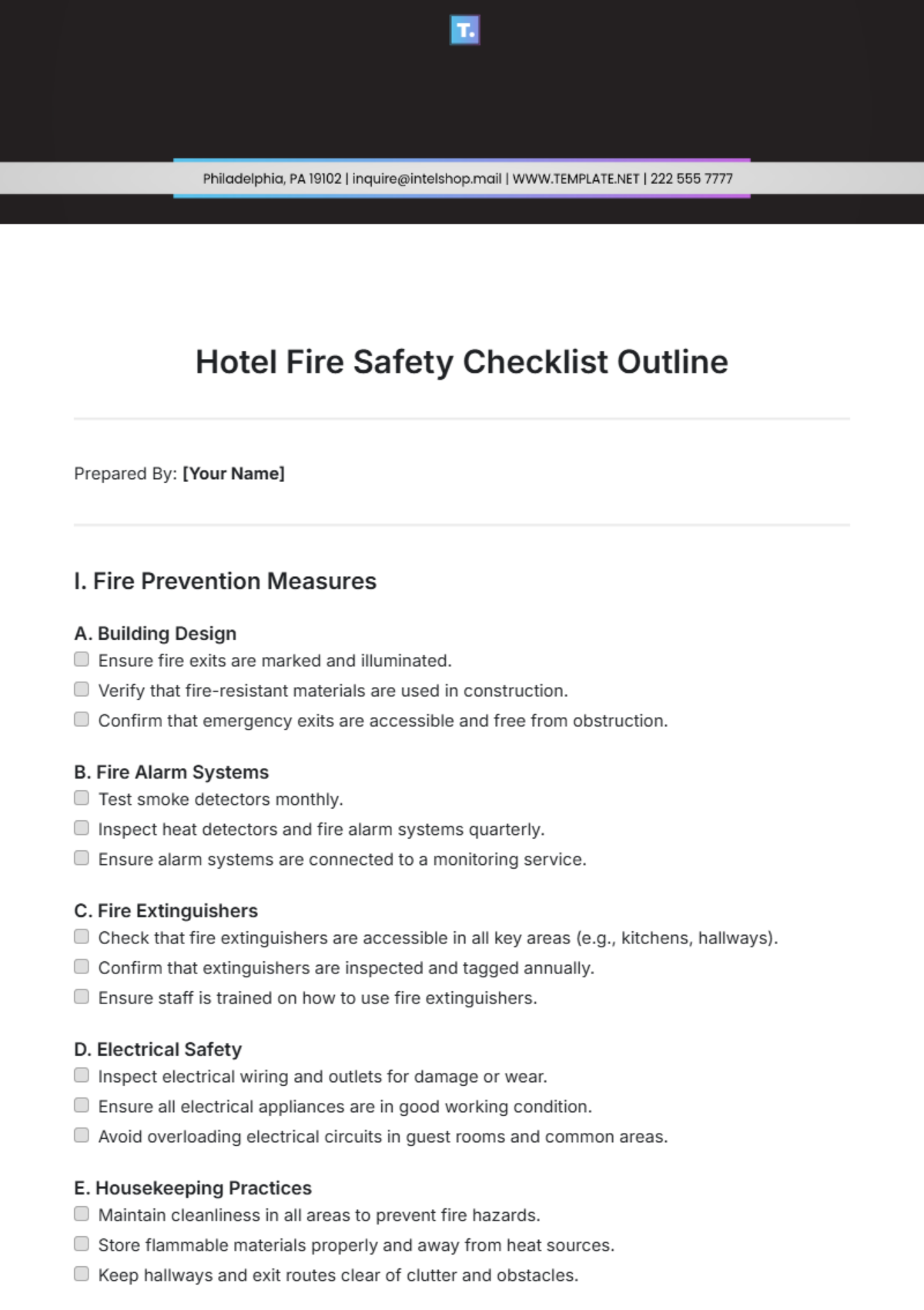 Hotel Fire Safety Checklist Outline Template - Edit Online & Download