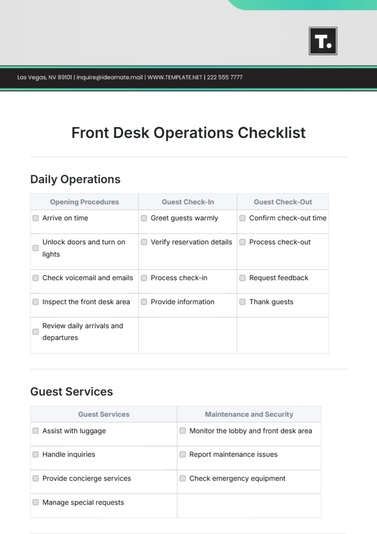 Front Desk Operations Checklist Template - Edit Online & Download