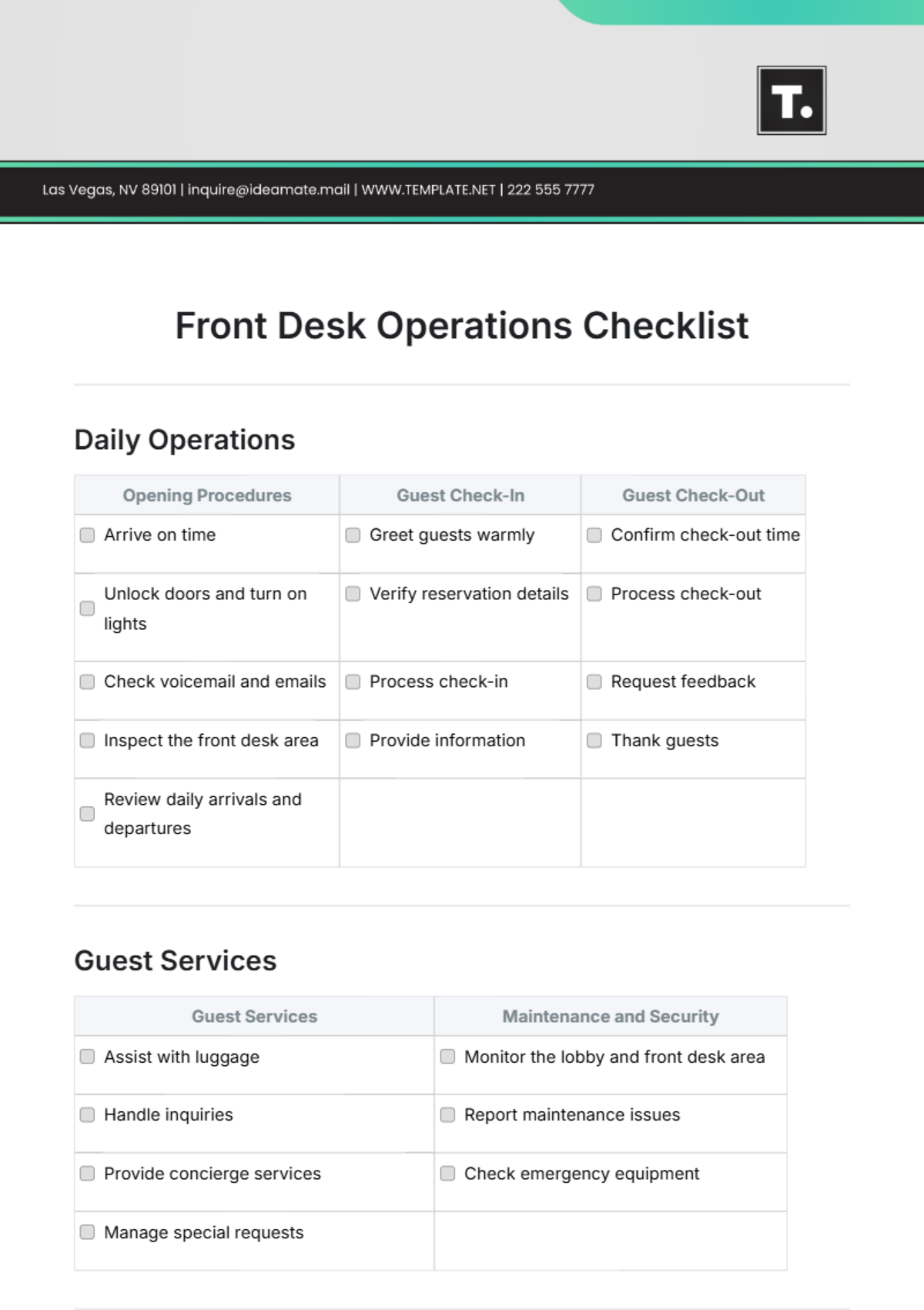Free Front Desk Operations Checklist Template To Edit Online