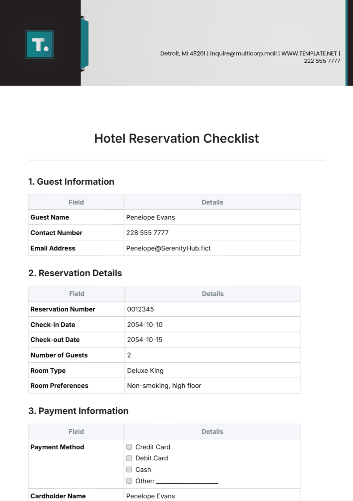 Free Hotel Reservation Checklist Layout Template