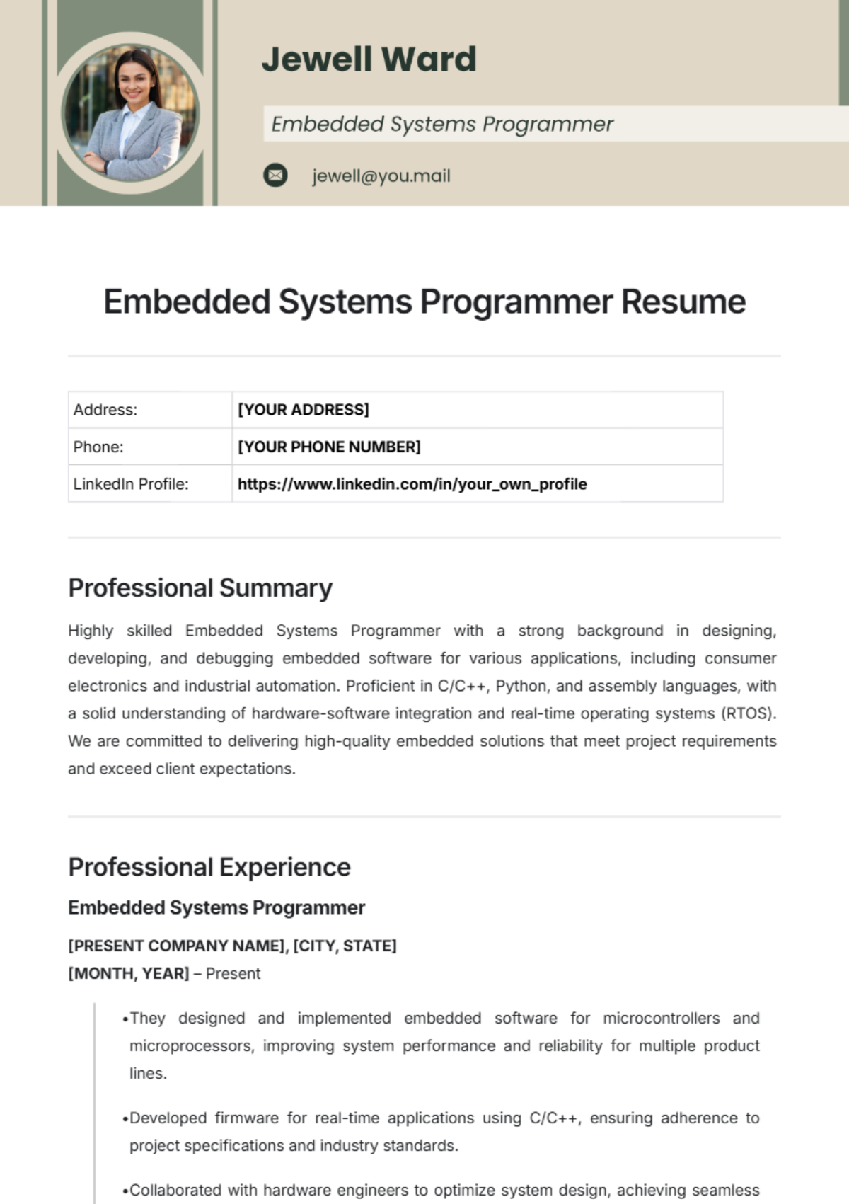 Embedded Systems Programmer Resume Template - Edit Online & Download