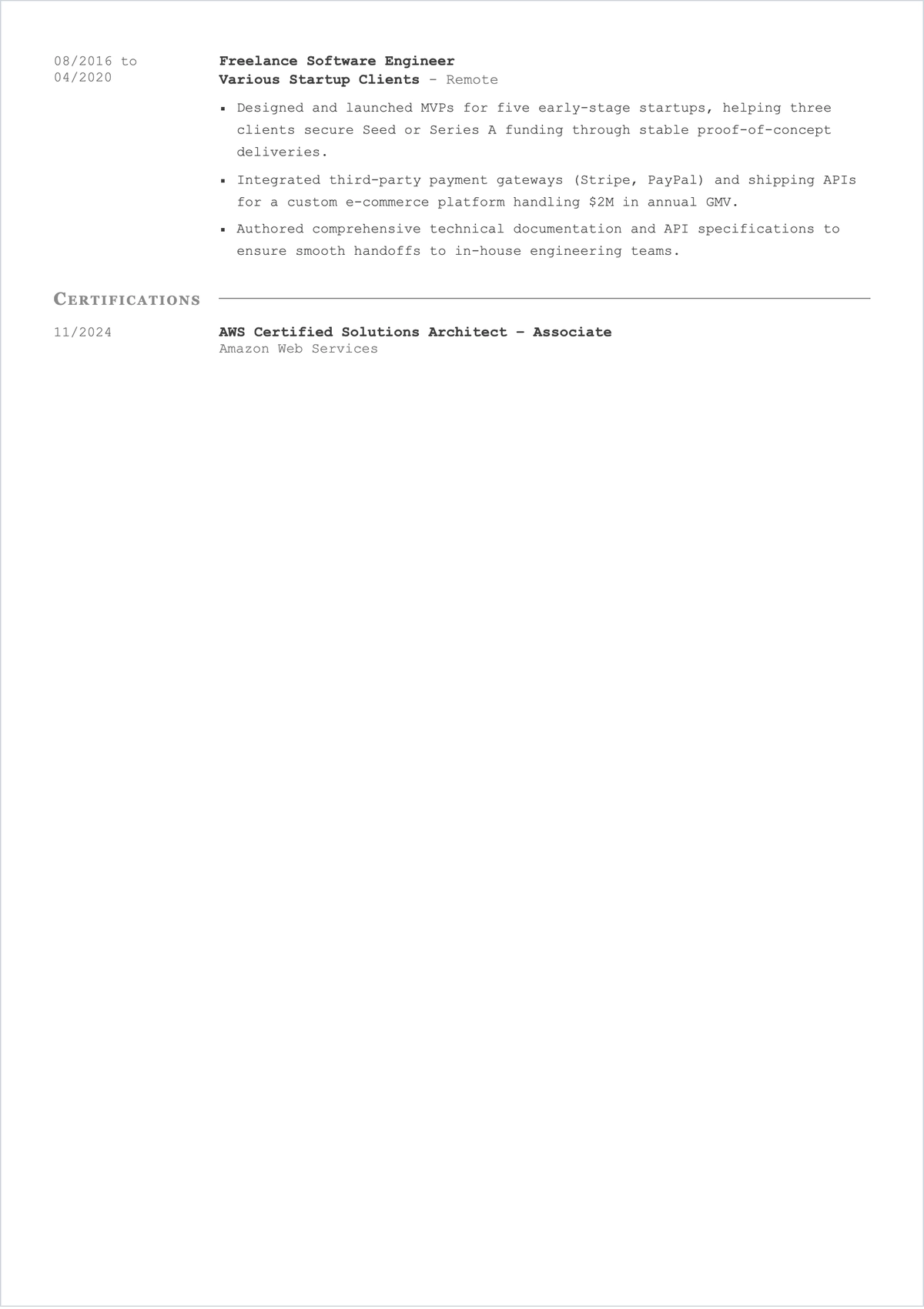 Free Printable Freelance Programmer ATS Resume Template