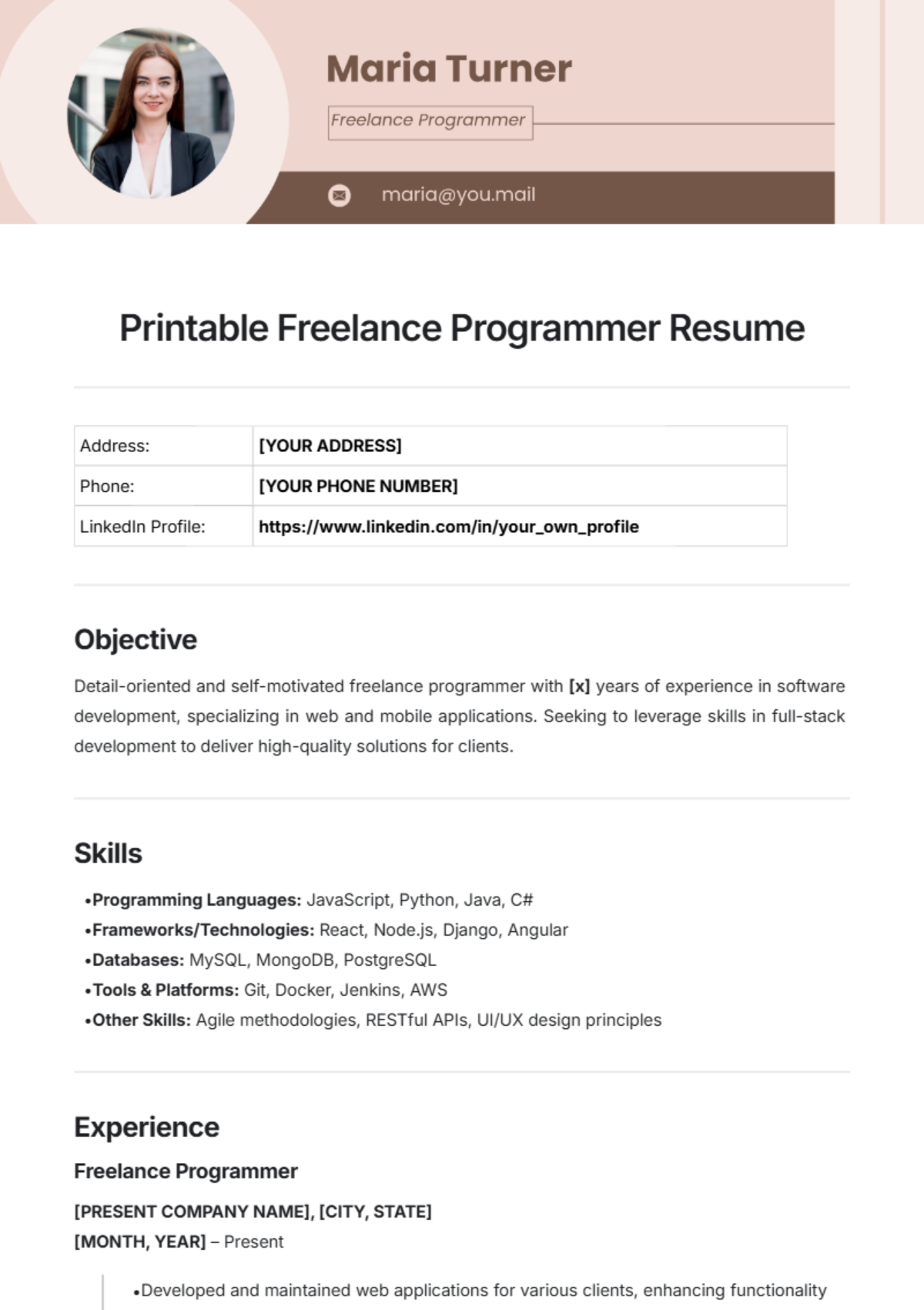 Printable Freelance Programmer Resume Template - Edit Online & Download