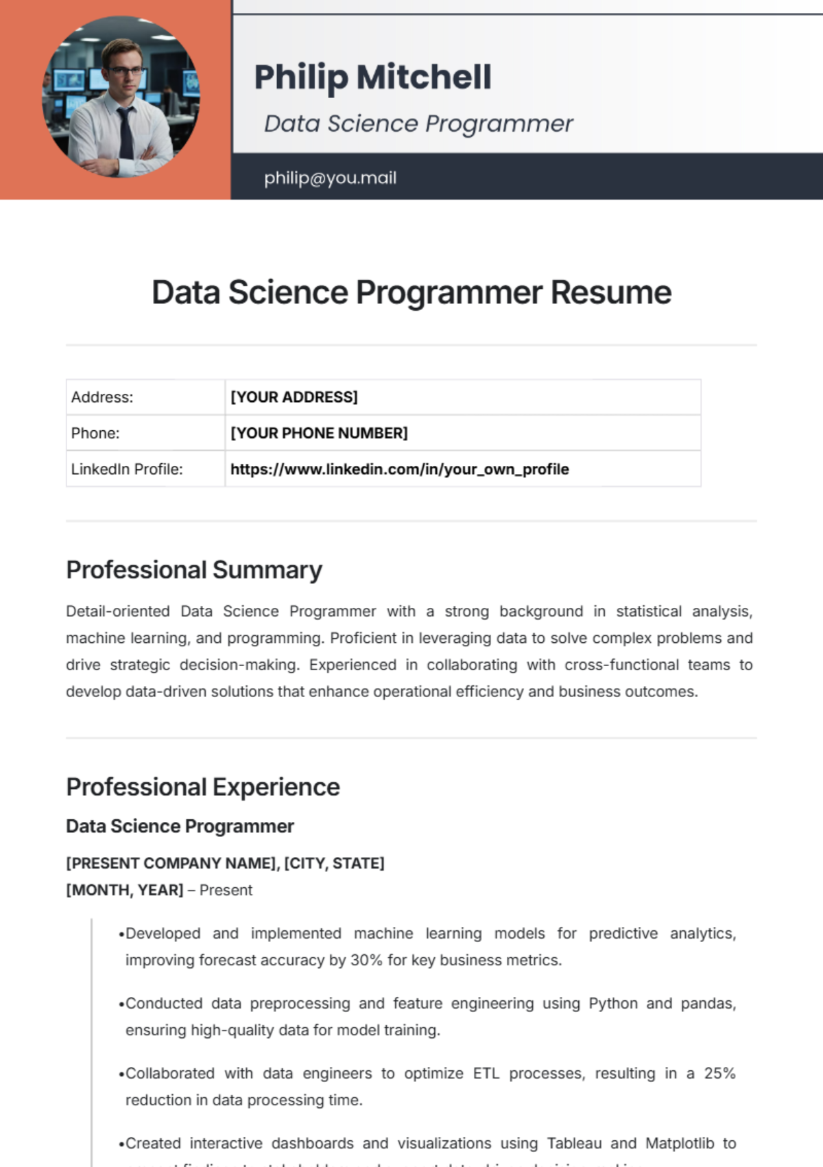 Data Science Programmer Resume Template - Edit Online & Download