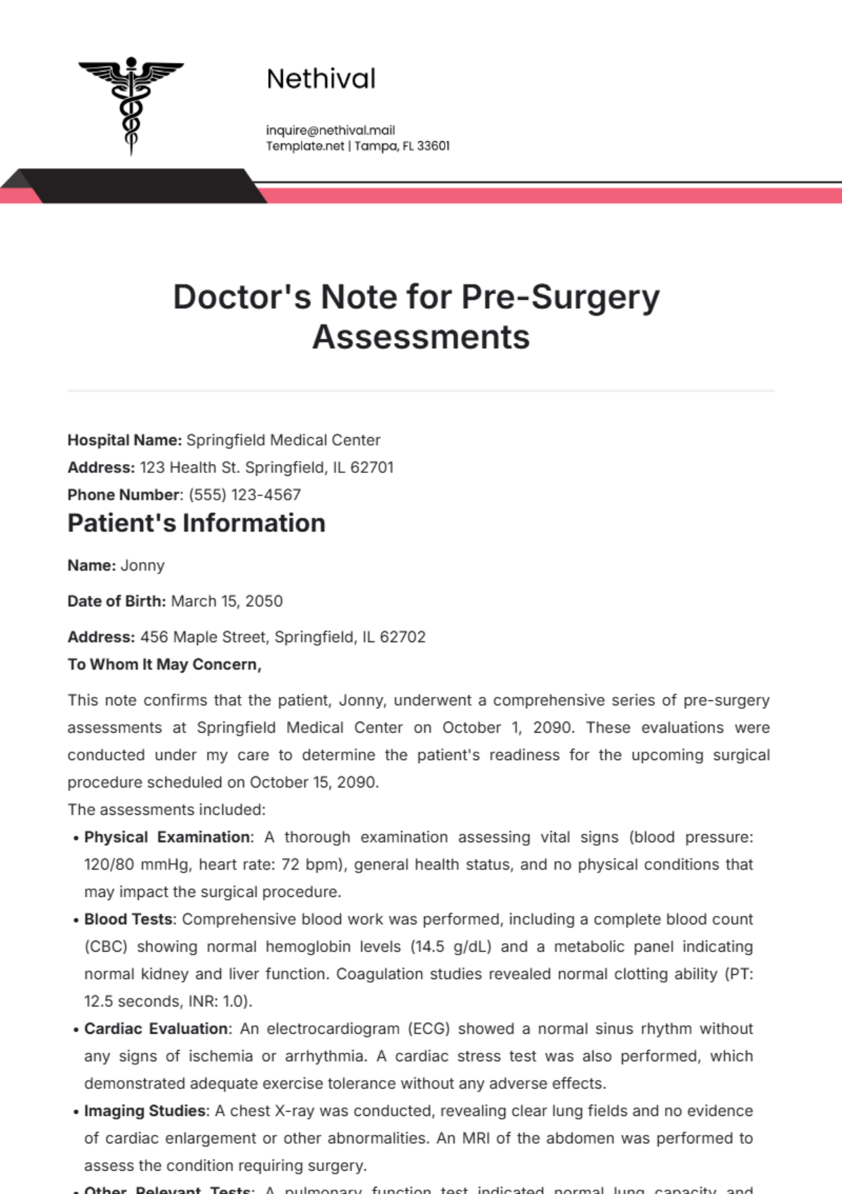 Doctor’s Note for Pre-Surgery Assessments Template - Edit Online & Download