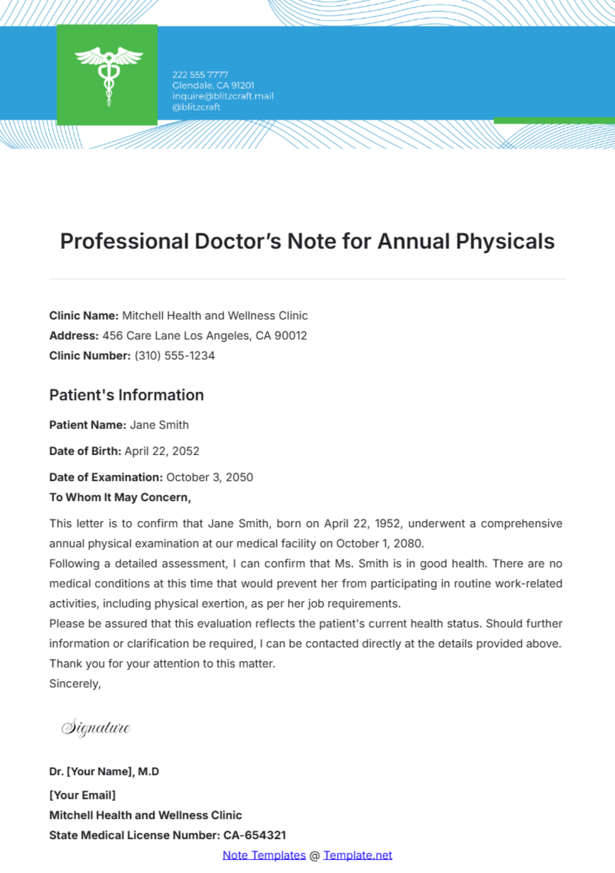 Professional Doctor’s Note for Annual Physicals Template - Edit Online & Download