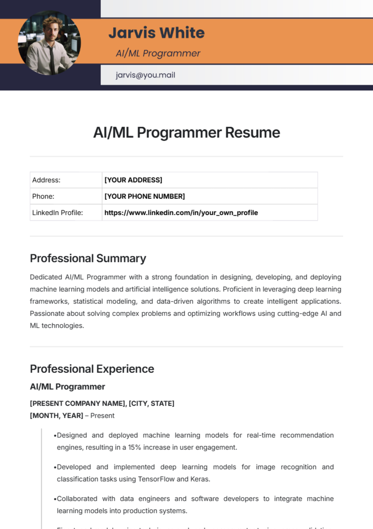 AI/ML Programmer Resume Template - Edit Online & Download