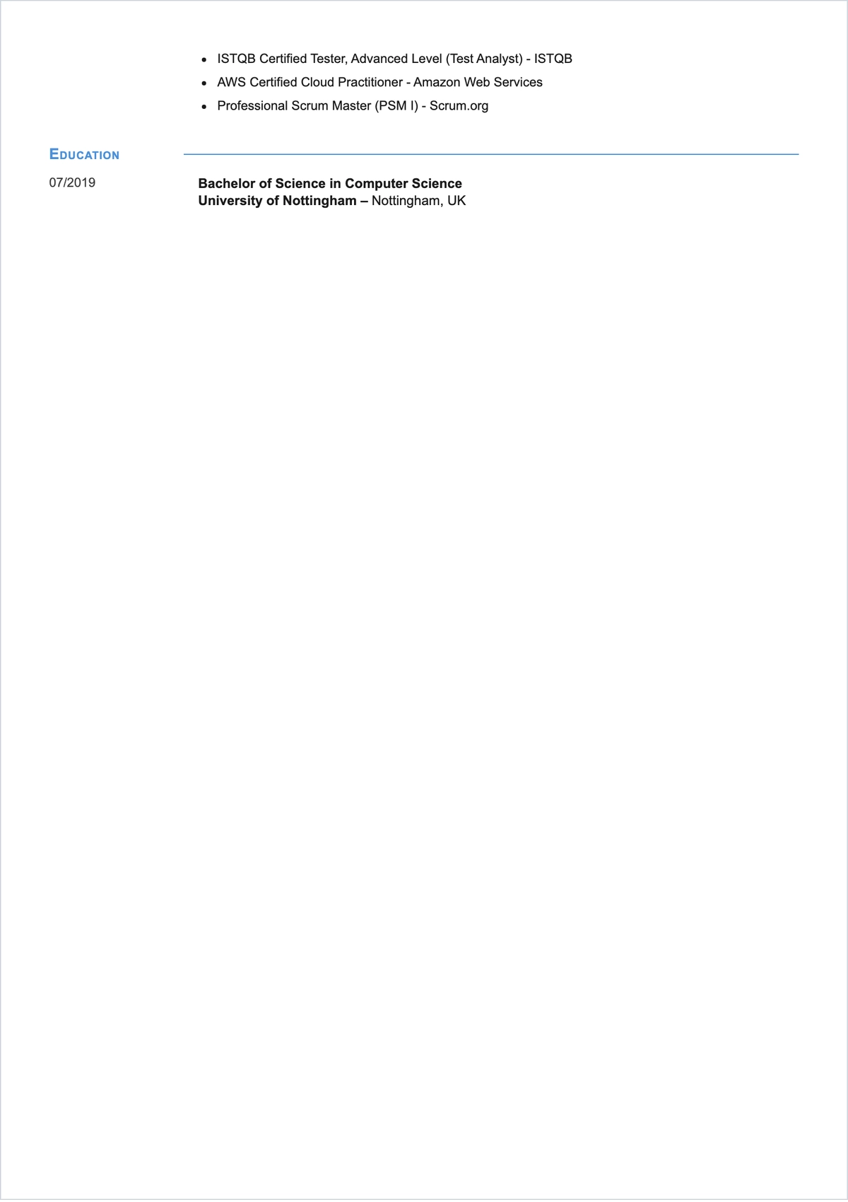 Free Software Tester ATS Resume Template, AI Resume Builder