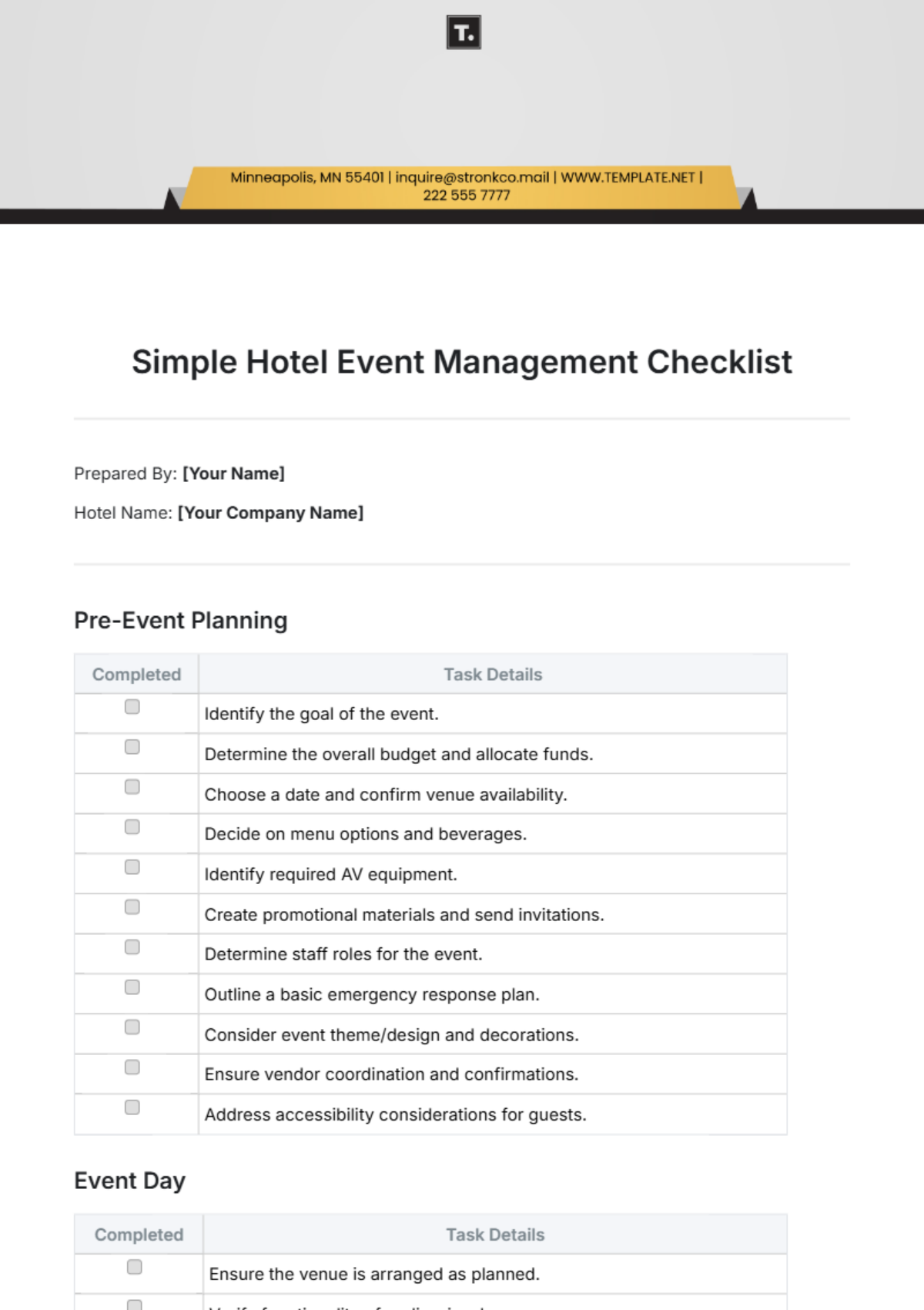 Free Simple Hotel Event Management Checklist Template