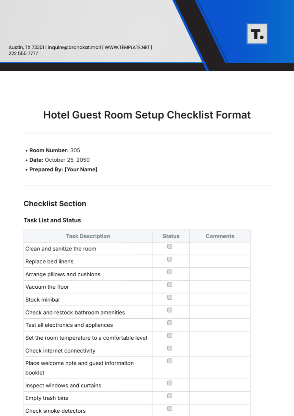 Free Hotel Guest Room Setup Checklist Format Template