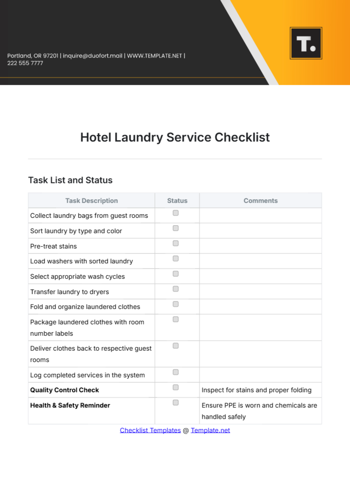 Free Hotel Laundry Service Checklist Template