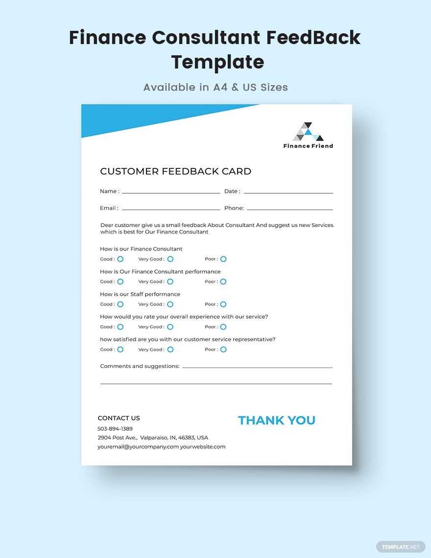 Finance Consultant Feedback Form Template in Illustrator, Word, Publisher, Pages, PSD, Google Docs - Download | Template.net