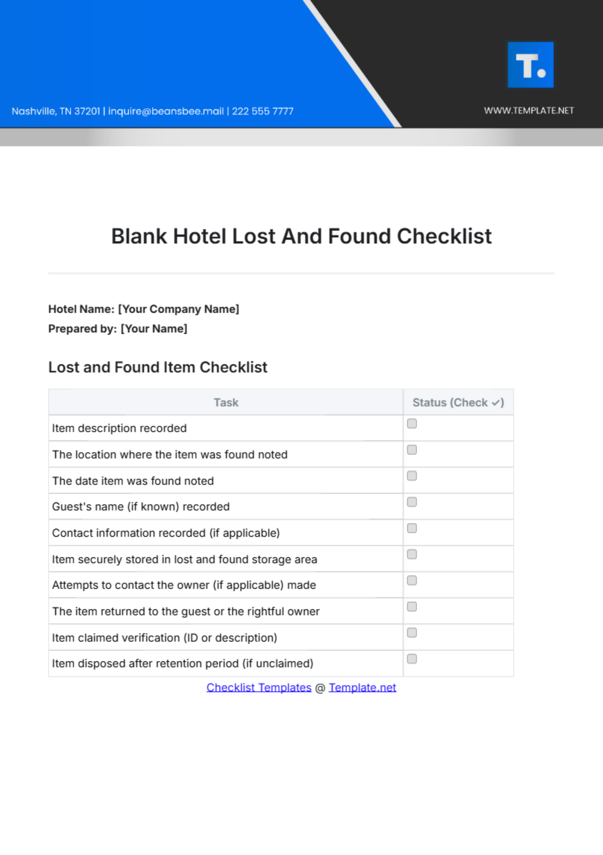 Blank Hotel Lost And Found Checklist Template - Edit Online & Download