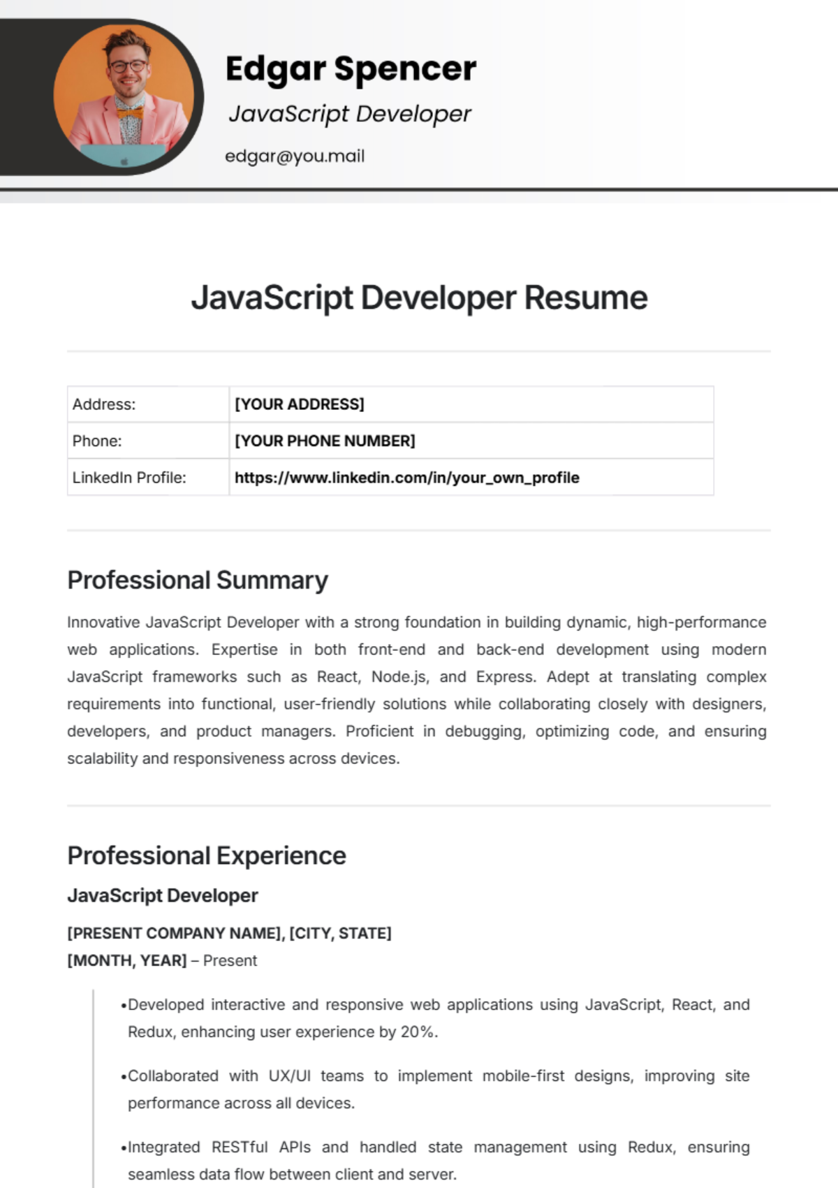 JavaScript Developer Resume Template - Edit Online & Download