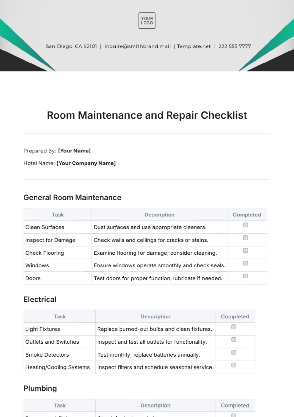 Free Room Maintenance And Repair Checklist Template