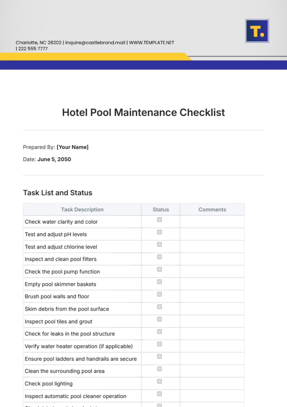 Free Hotel Pool Maintenance Checklist Template