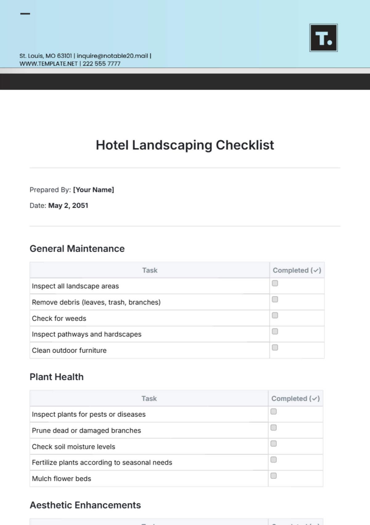 Hotel Landscaping Checklist Template - Edit Online & Download