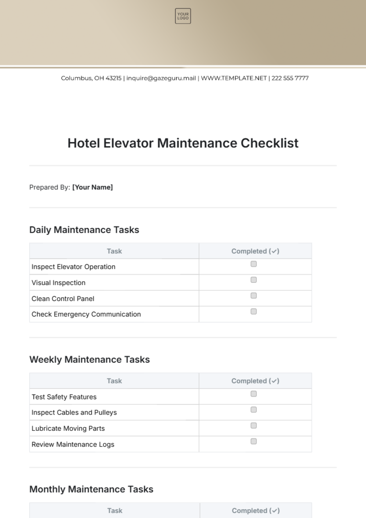 Free Hotel Elevator Maintenance Checklist Template