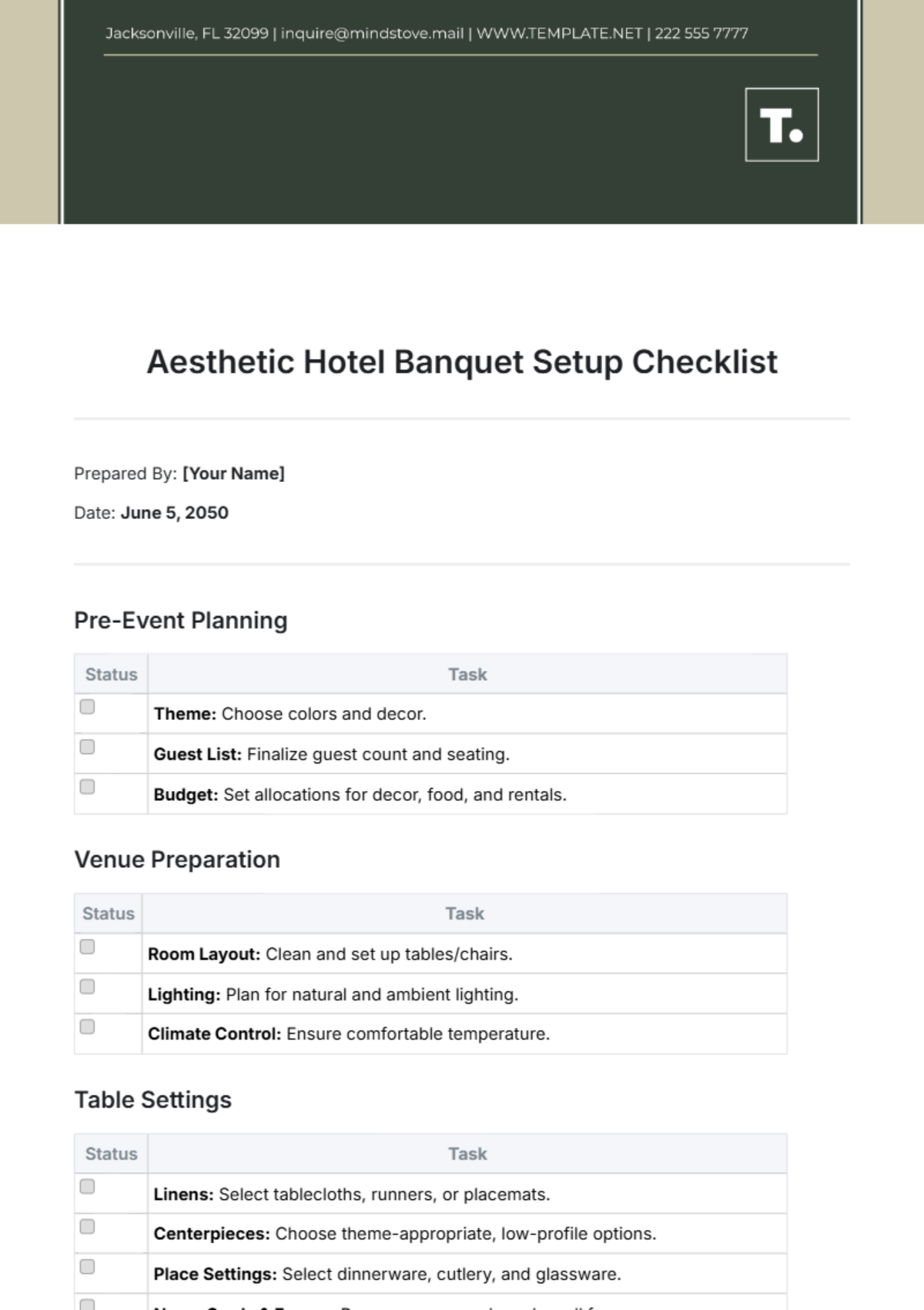 Aesthetic Hotel Banquet Setup Checklist Template - Edit Online & Download