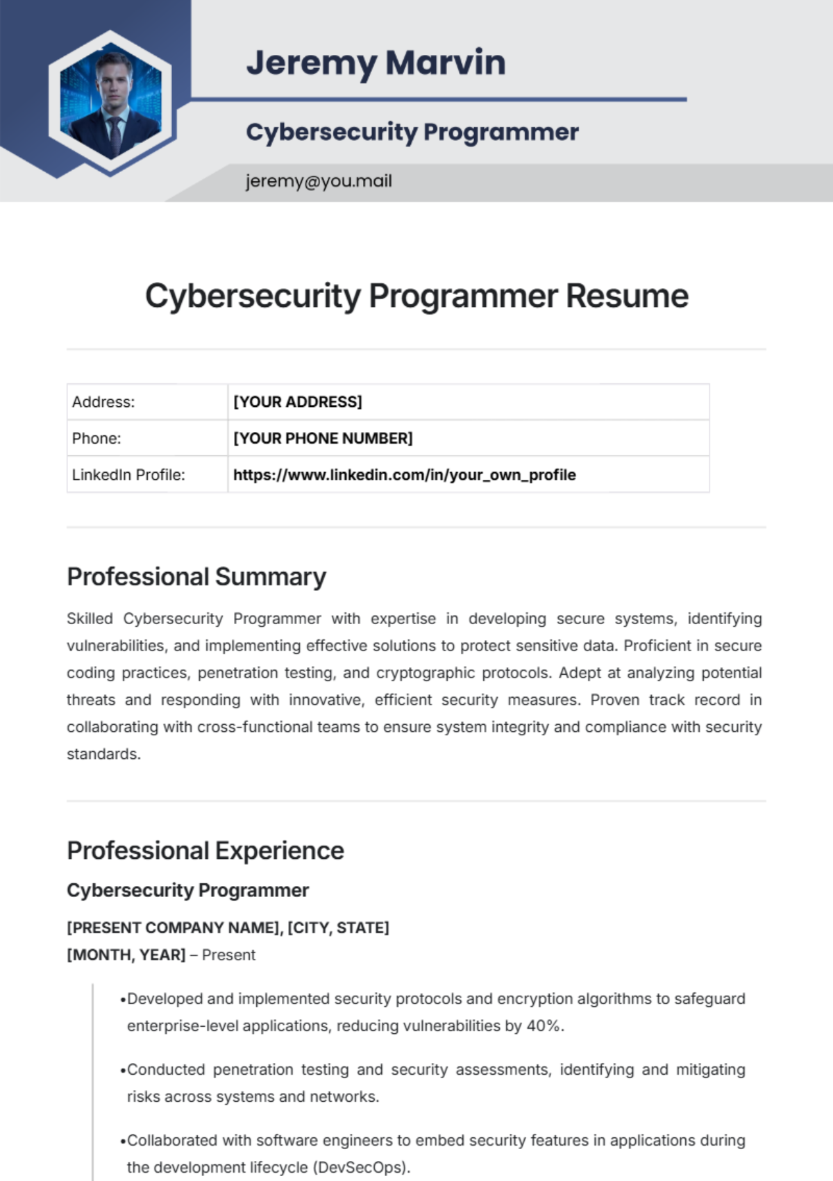 Cybersecurity Programmer Resume Template - Edit Online & Download