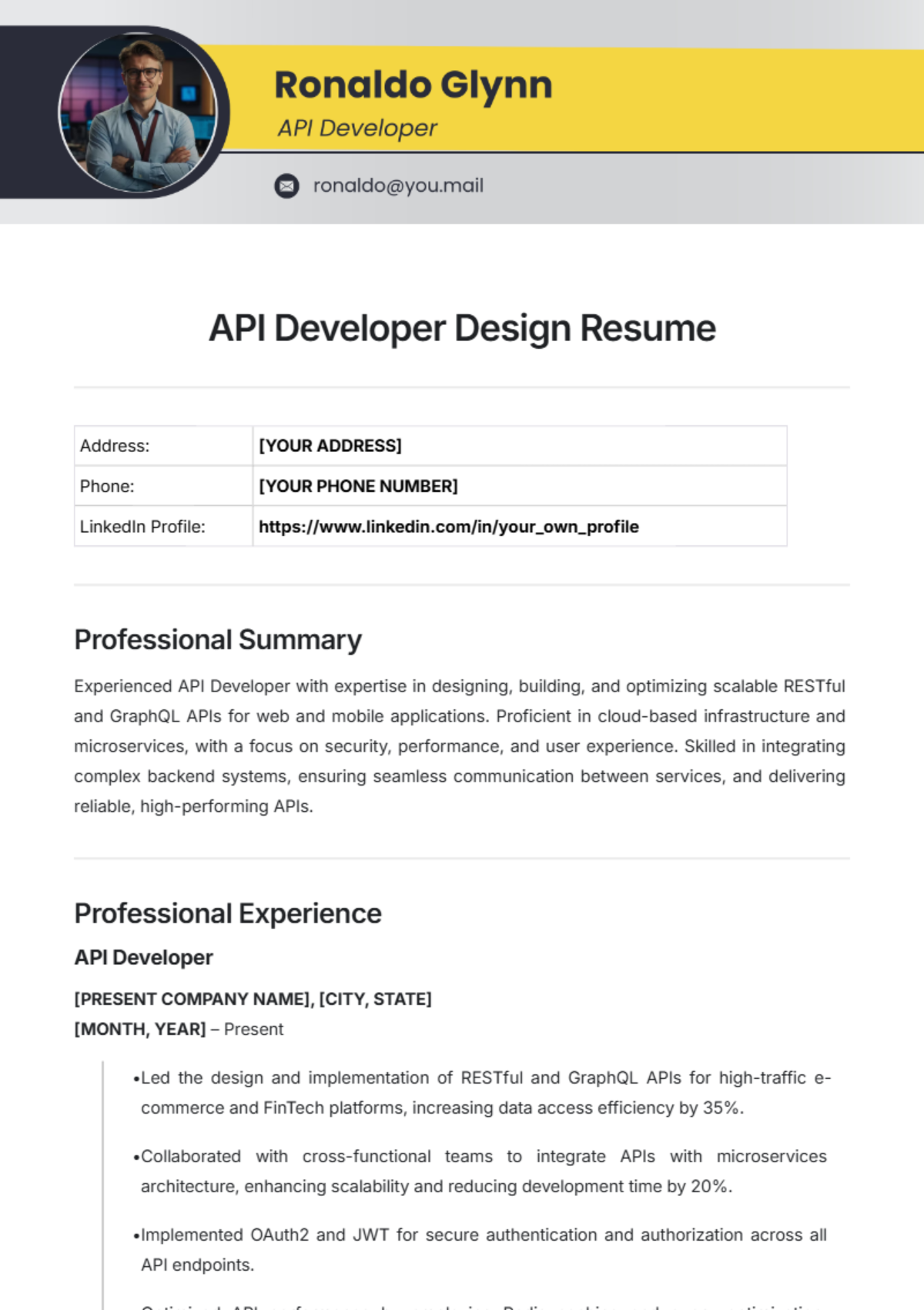 API Developer Design Resume Template - Edit Online & Download