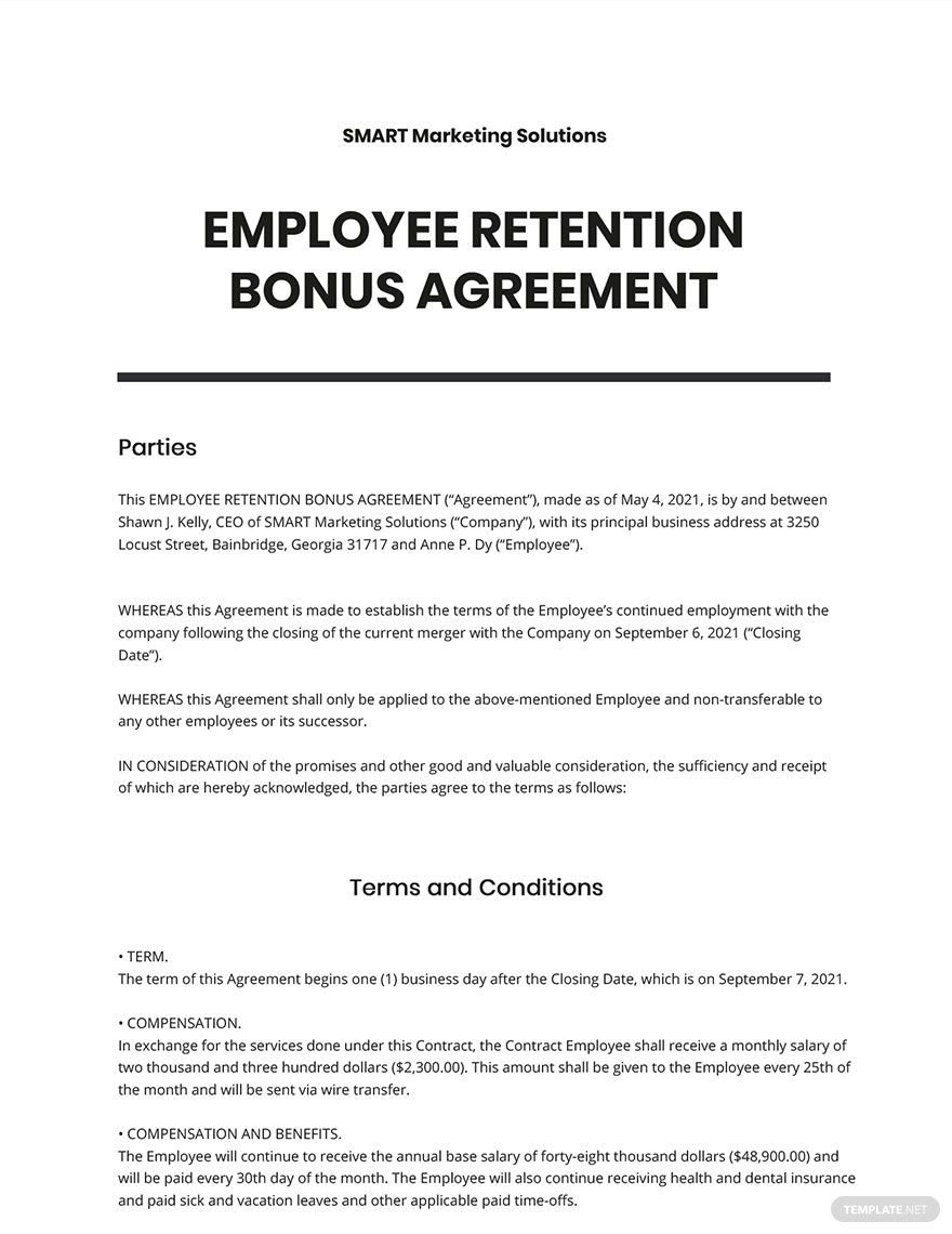 Employee Retention Bonus Agreement Template