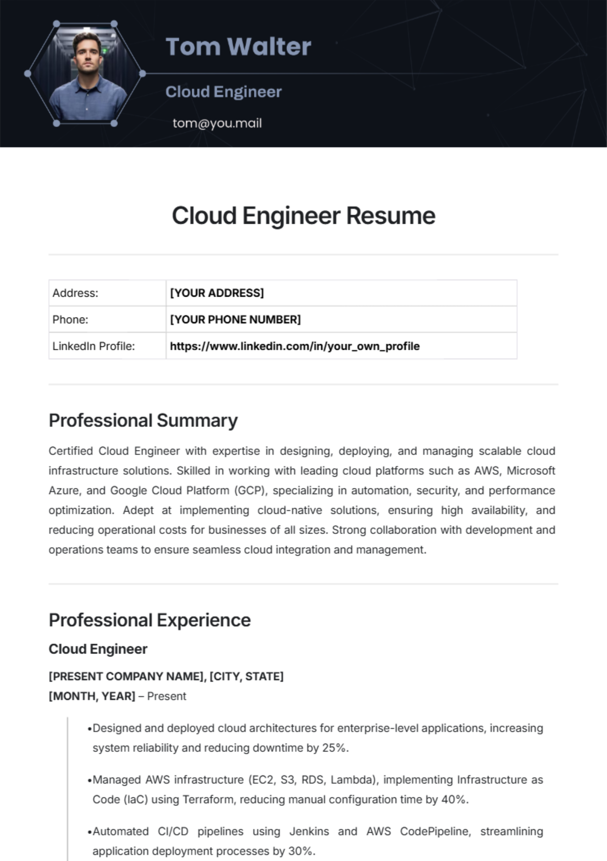 Cloud Engineer Resume Template - Edit Online & Download