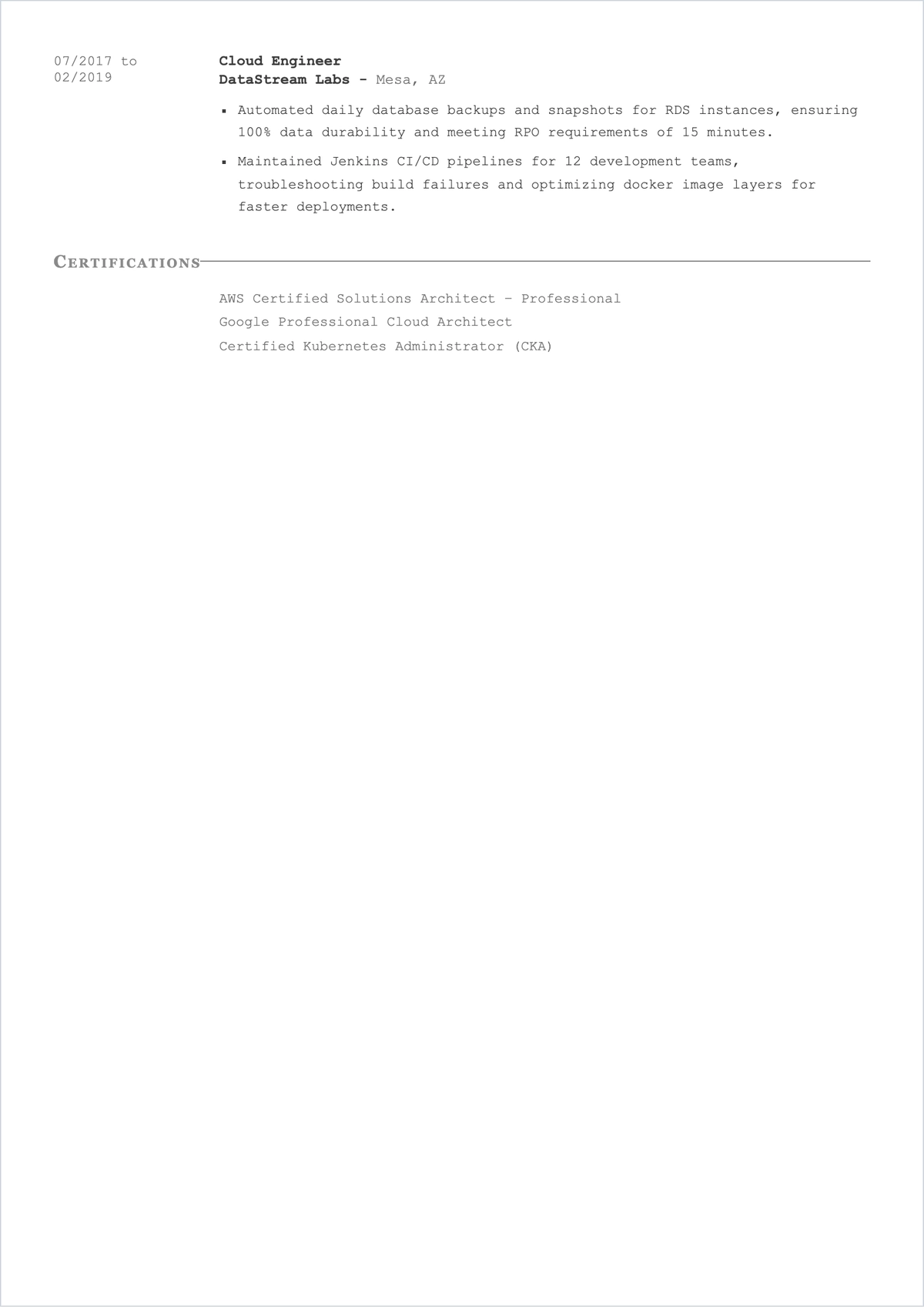 Free Cloud Engineer ATS Resume Template, AI Resume Builder