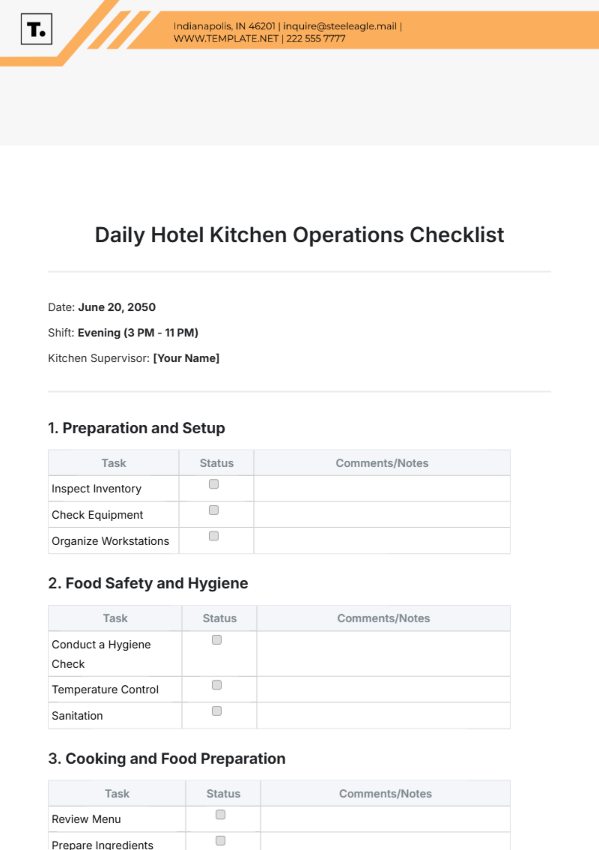 Free Daily Hotel Kitchen Operations Checklist Template