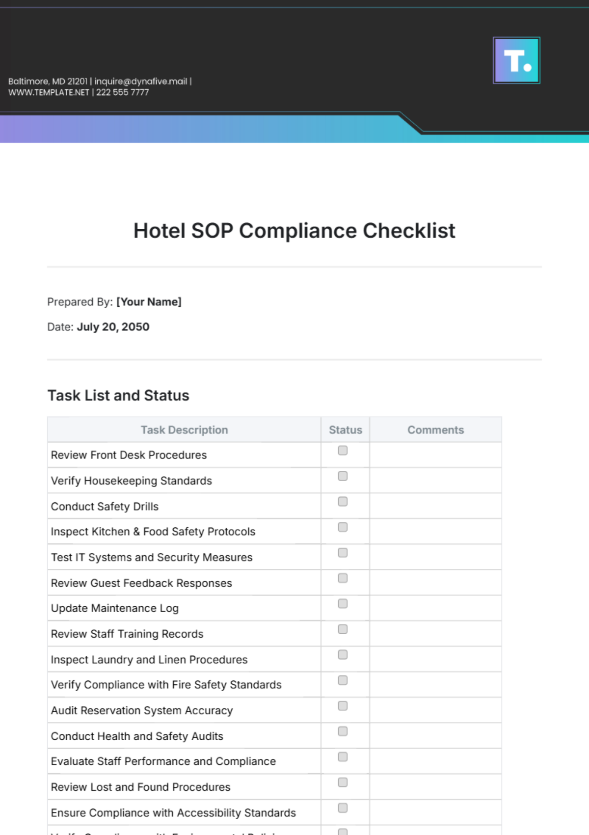 Free Hotel SOP Compliance Checklist Template to Edit Online