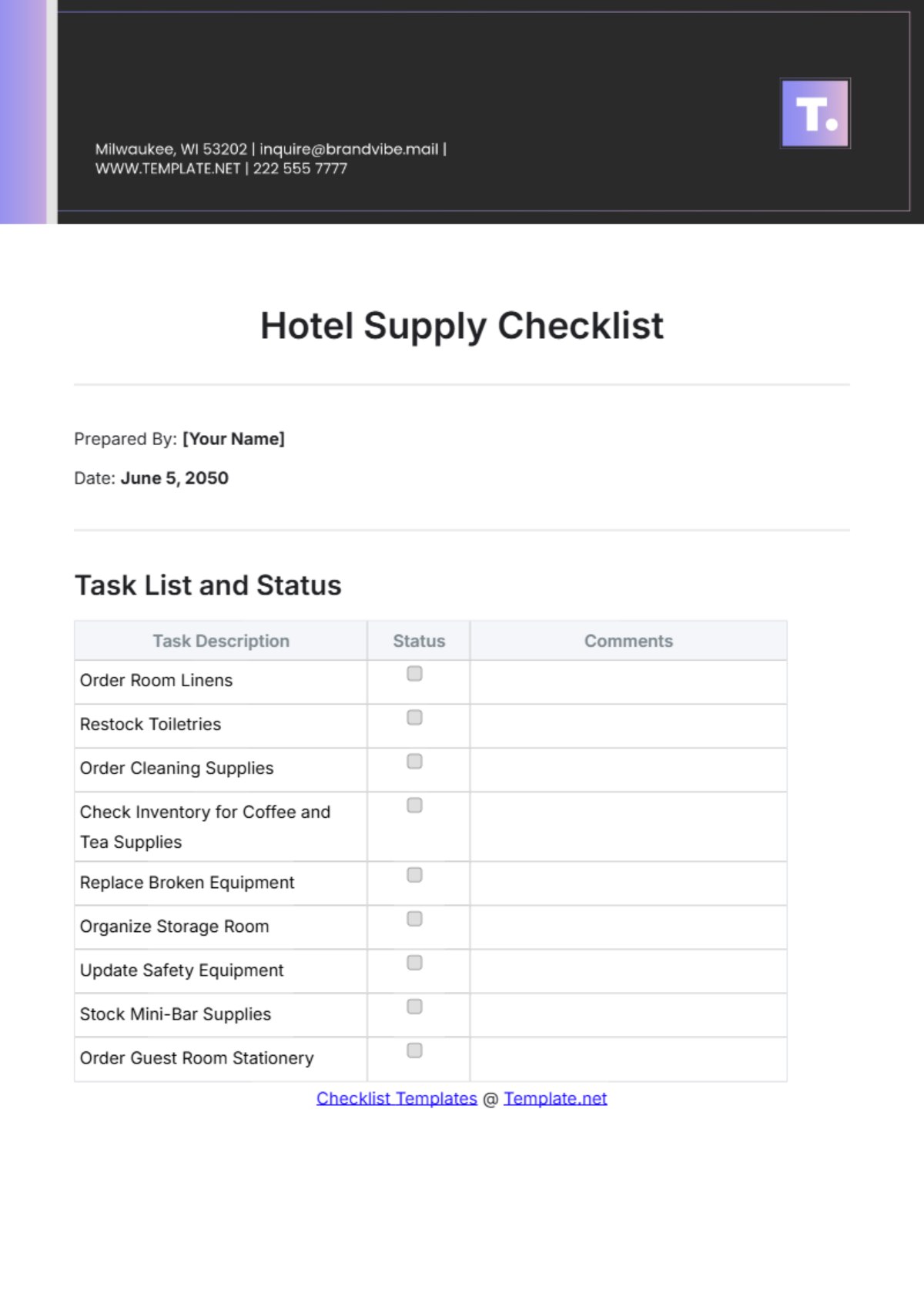 Hotel Supply Checklist Template - Edit Online & Download