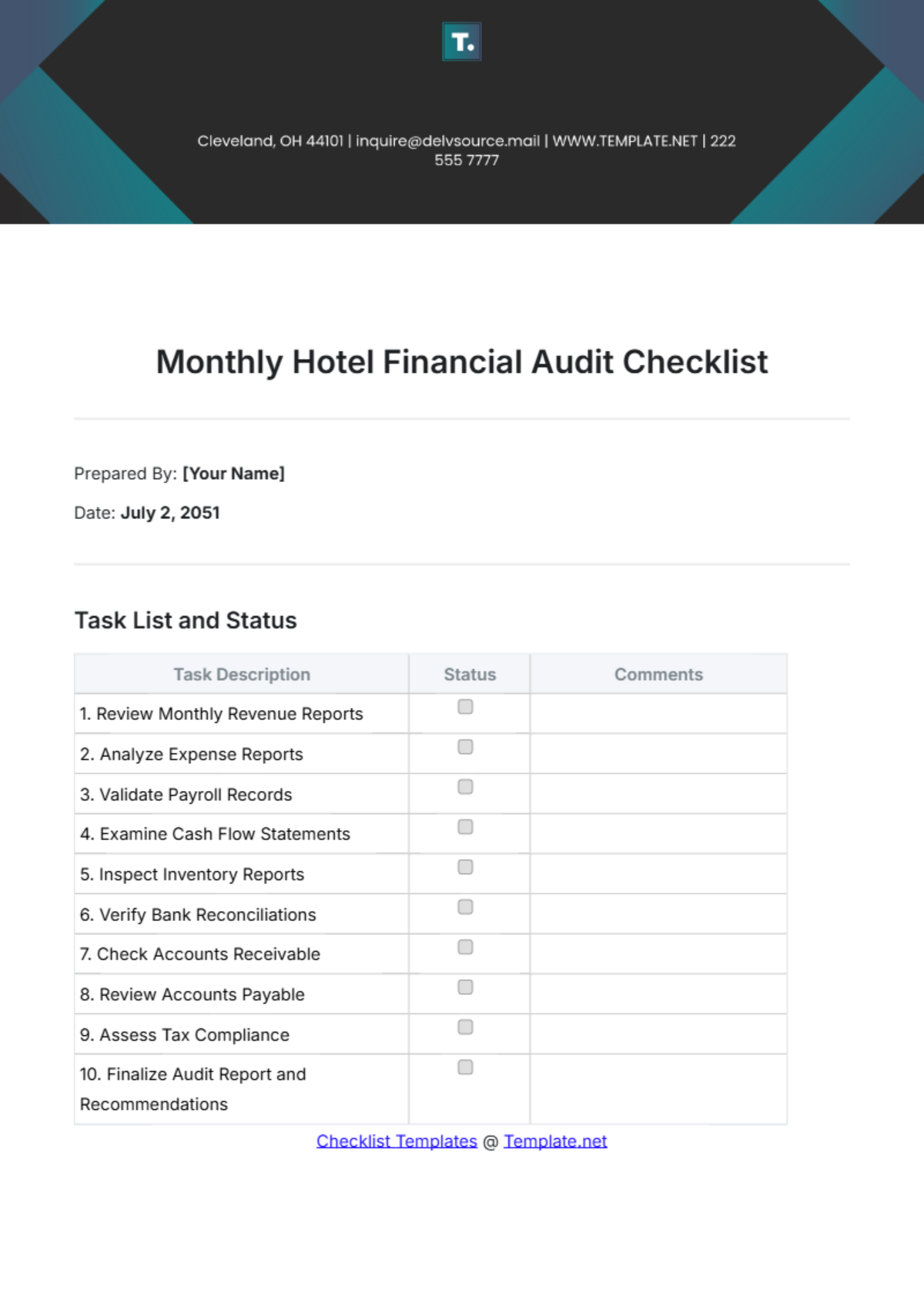 Monthly Hotel Financial Audit Checklist Template - Edit Online & Download