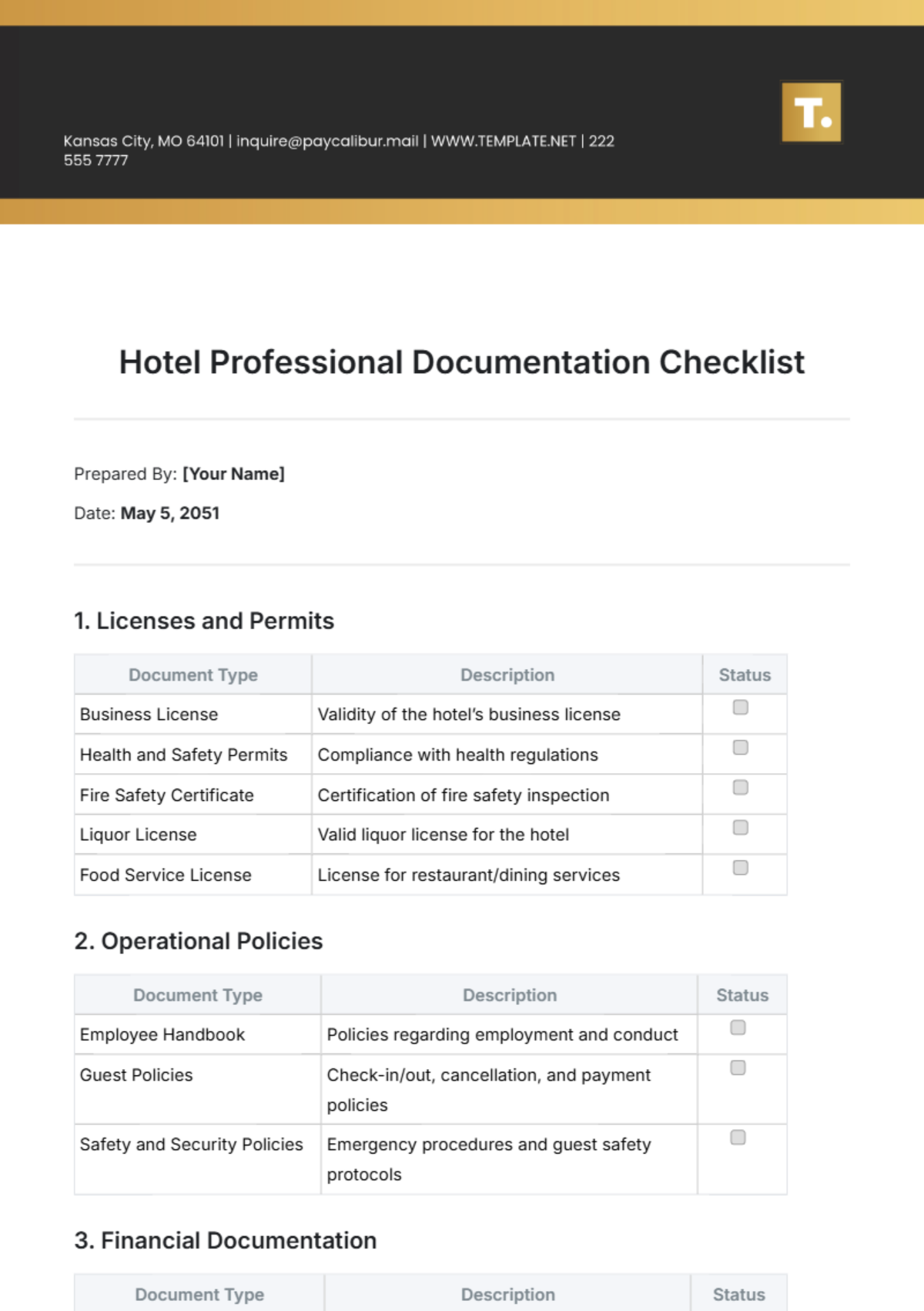 Free Hotel Professional Documentation Checklist Template