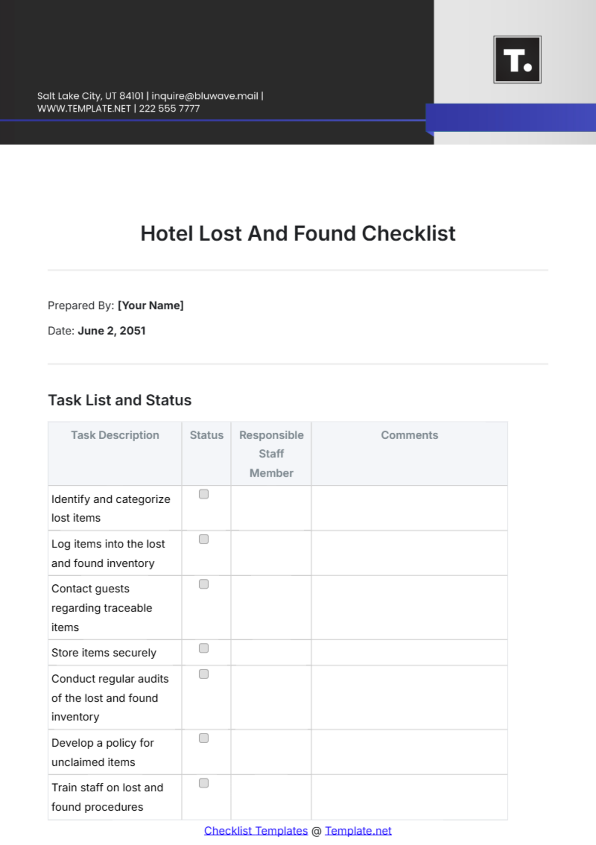 Free Hotel Lost And Found Checklist Template