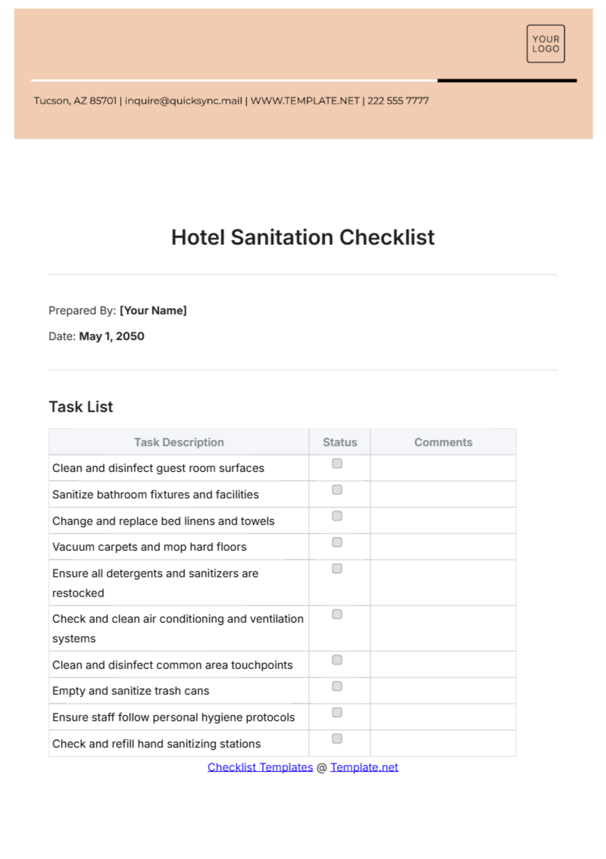 Hotel Sanitation Checklist Template