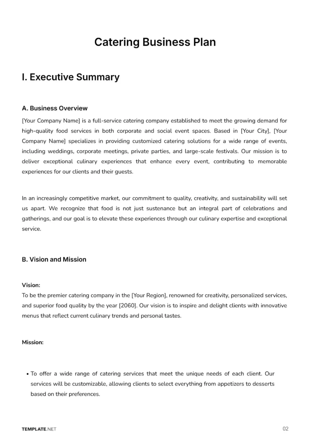 Free Catering Business Plan Template to Edit Online