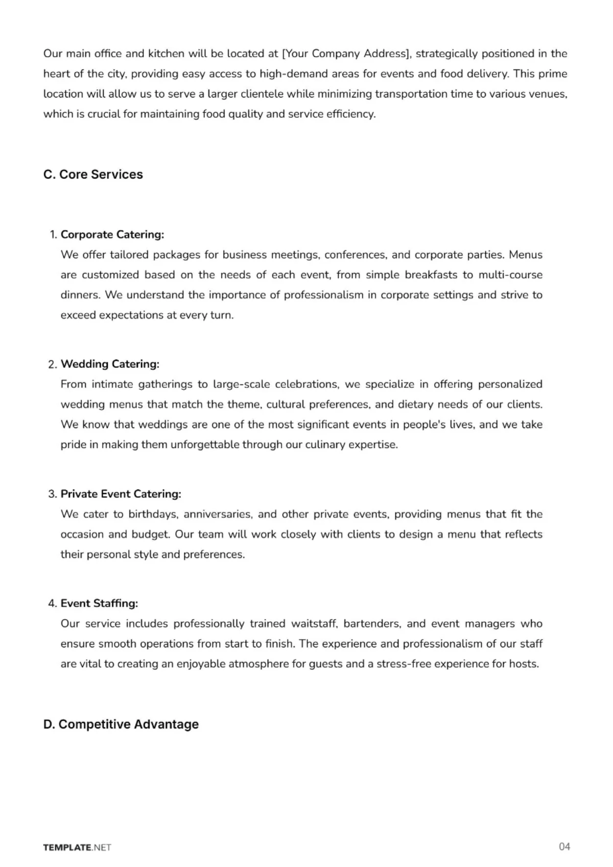 Free Catering Business Plan Template to Edit Online